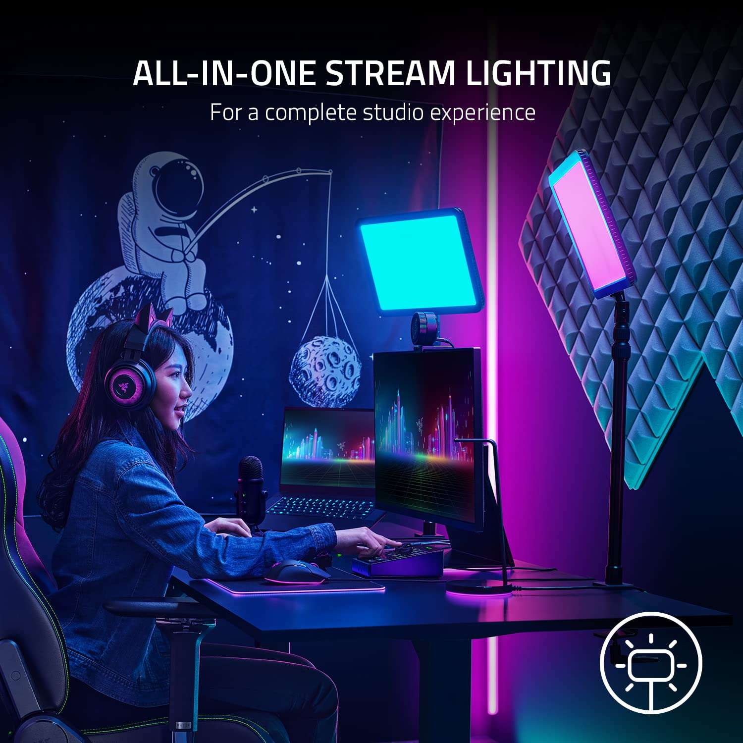 Razer Key Light Chroma: Customizable RGB Light Spectrum - 2800 Lumens Professional Light for Streaming, Video Recording/Conferencing on PC, Phone - Control via App - Clamp Mount - Wi-Fi & Bluetooth 3