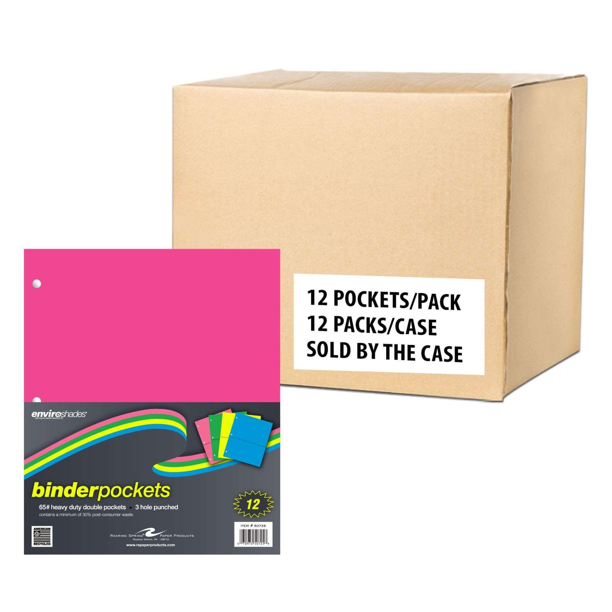Roaring Spring Recycled Double Pocket Heavyweight Binder Pockets, 11" x 9", Easily Add Storage to Your 3 Ring Binders, Assorted Neon Colors (Pack of 12, 144 Count Total)