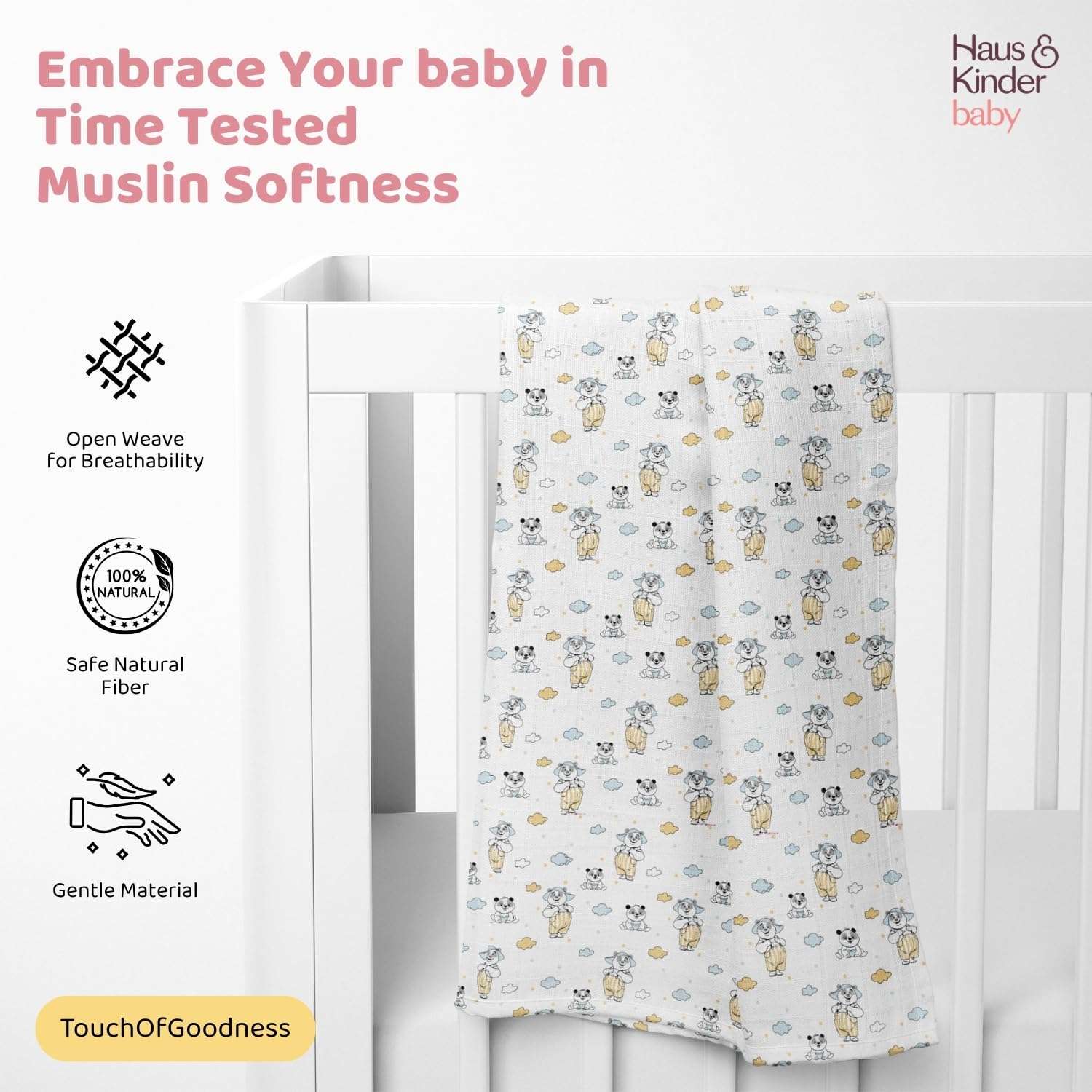 Haus and Kinder Muslin Swaddle Blanket - Set of 1 | Ultra-Soft Newborn Swaddle Wrap | Absorbent Baby Towel & Nursing Cover | Gender-Neutral, Unisex Baby Essentials| Panda Puff, 120cm x 120cm 3