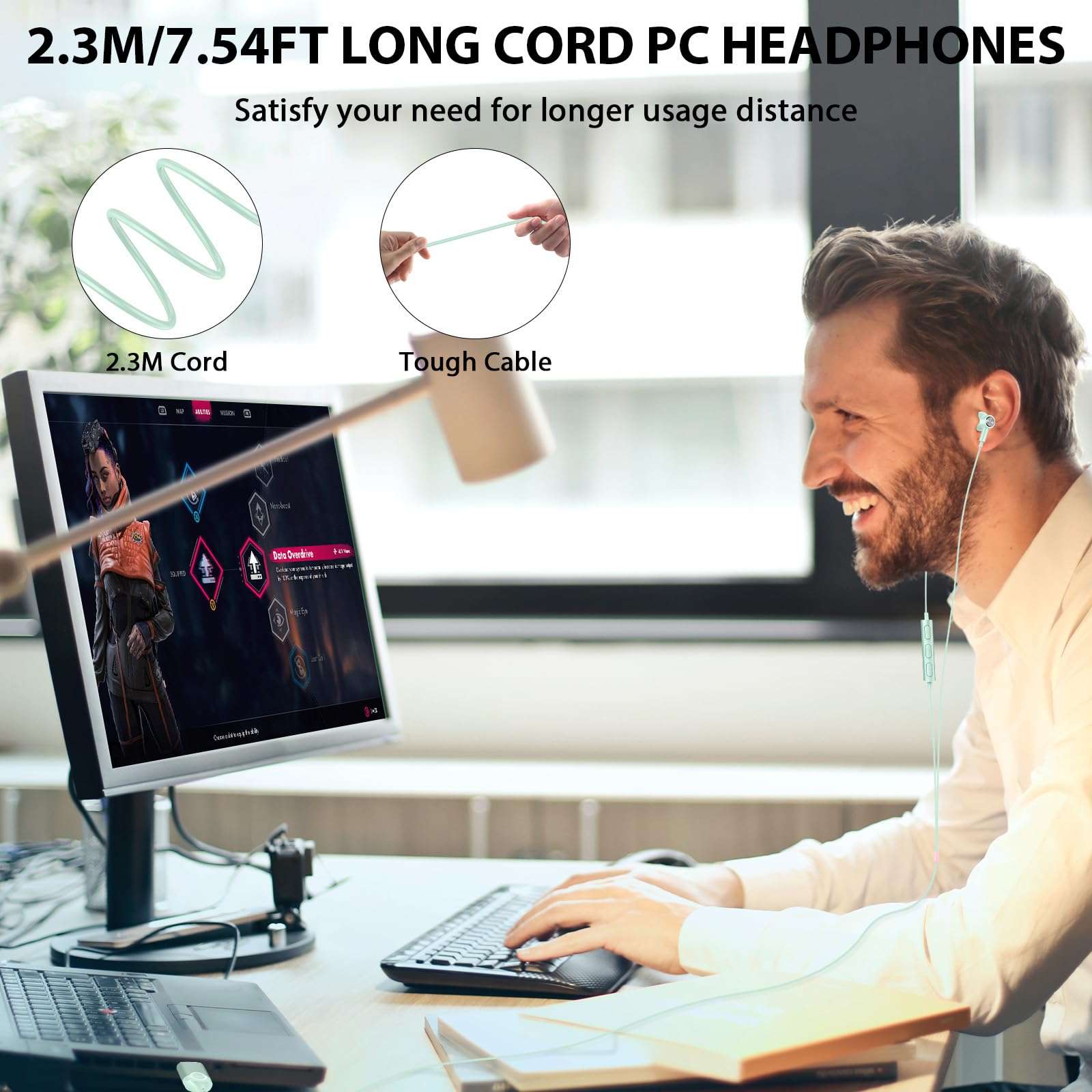 USB Headset with Microphone for PC 7.5 Ft Cable, USB A Headphones for Computer, Wired USB Earbuds Over Ear with Hook Mute Stereo Noise Canceling Cord Earphone for Laptop Dell Lenovo Surface PS5 Switch 4