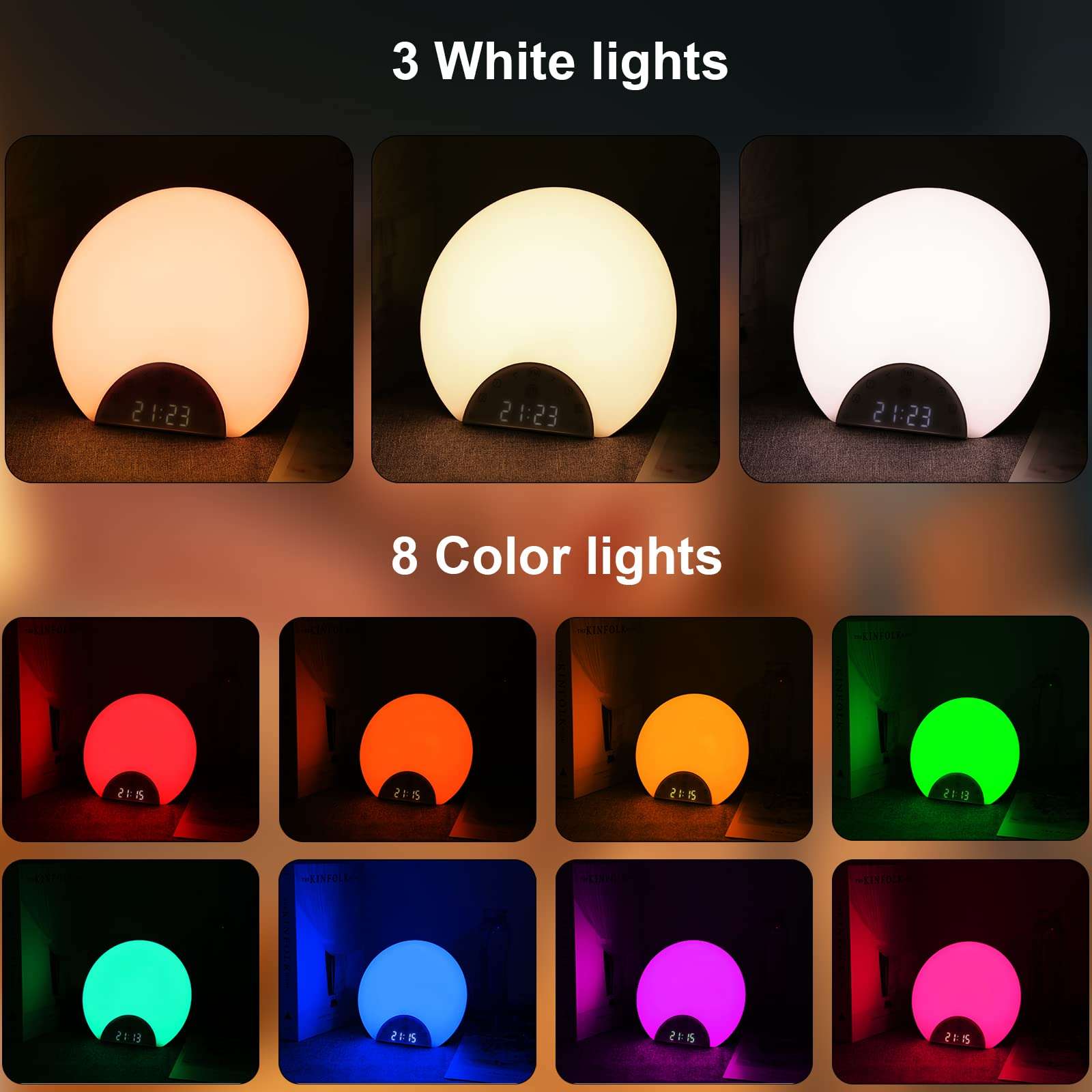 ANTDALIS Sunrise Alarm Clock Wake Up Light for Kids, Adults, Heavy Sleepers with Dual Alarms, Snooze, Sleep Aid with 7 Nature Sounds for Bedrooms with 8 Colors Night Light, FM Radio, Gift Ideas 6