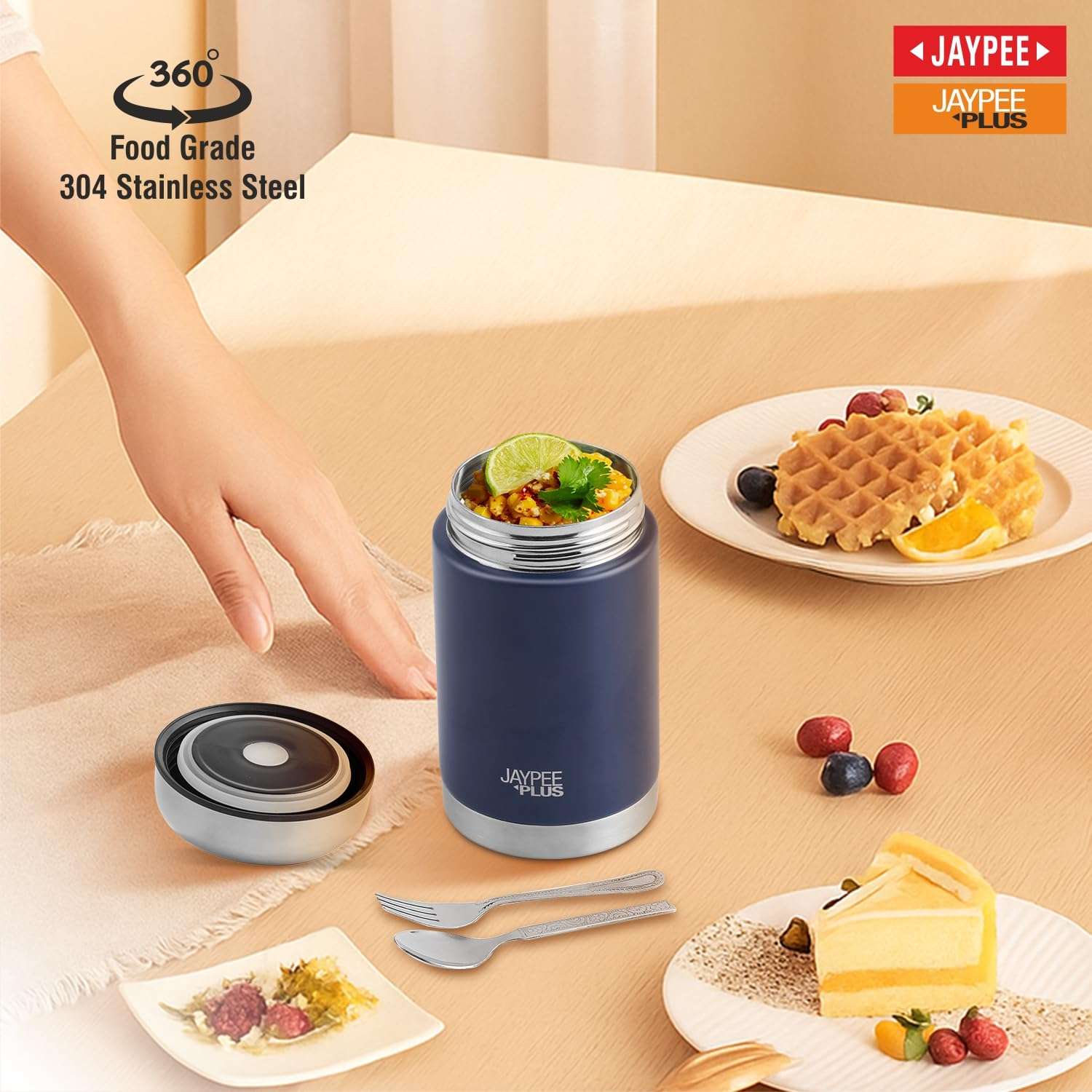 Jaypee Plus Nutri Jar Stainless Steel Vacuum Insulated Food Jar With Bag & Spoon|Hot And Cold Thermal Flask|Double Walled Scratch Resistant Ideal for Office, School, Gym & Travelling | 550 ml, Blue 3
