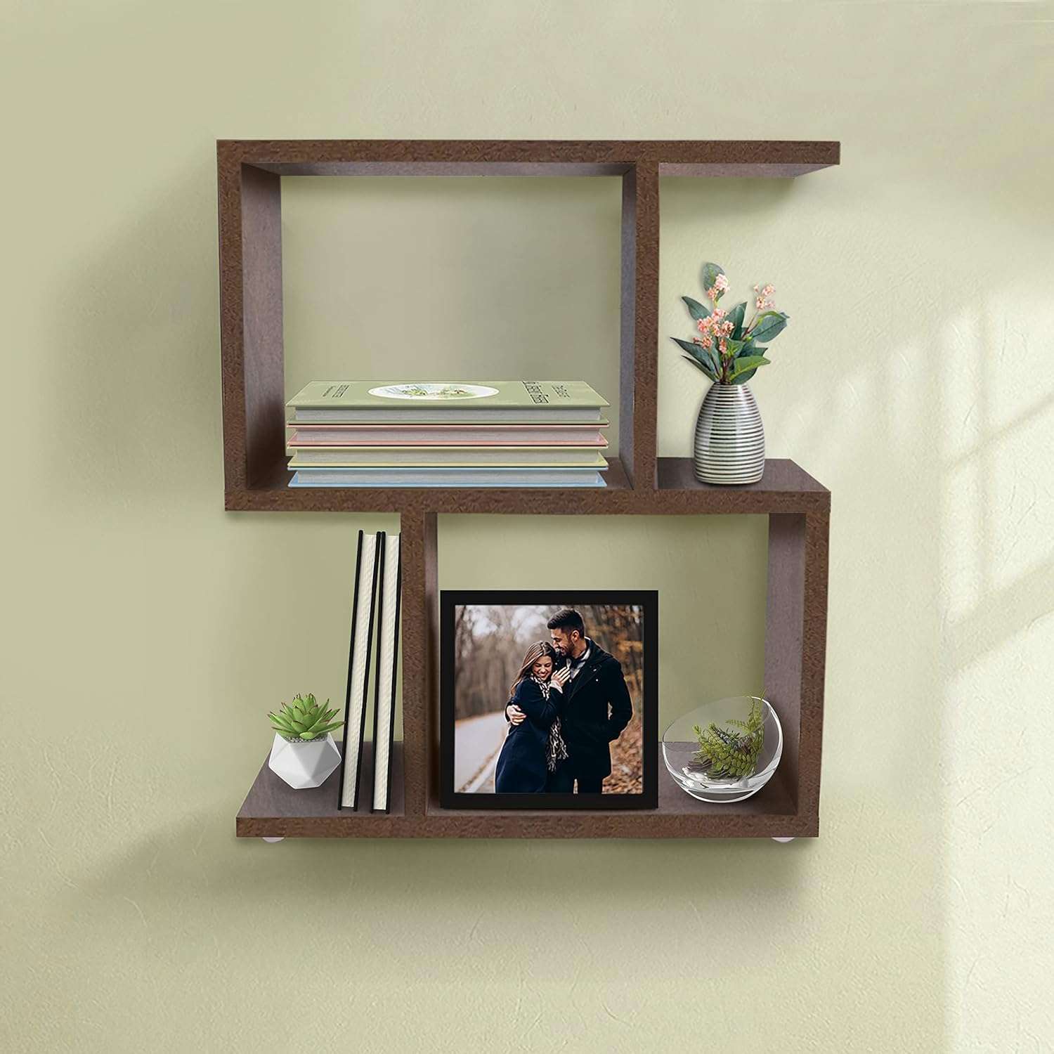 ABOUT SPACE Wooden Side Table - Wall Mounted Night Stand & End Table Organizer-S Shaped Storage Organiser - Bedside Furniture for Bedroom,Living Room,Hallway(L 47 x B 20 x H 56 cm,Brown) 5