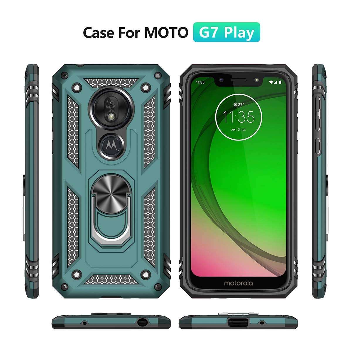 Moto G7 Play Case, [ Military Grade ] Shock-Absorption Bumper Cover Moto G7 Play Anti-Scratch Case with Ring Car Mount Kickstand for Moto G7 Play - Teal 2