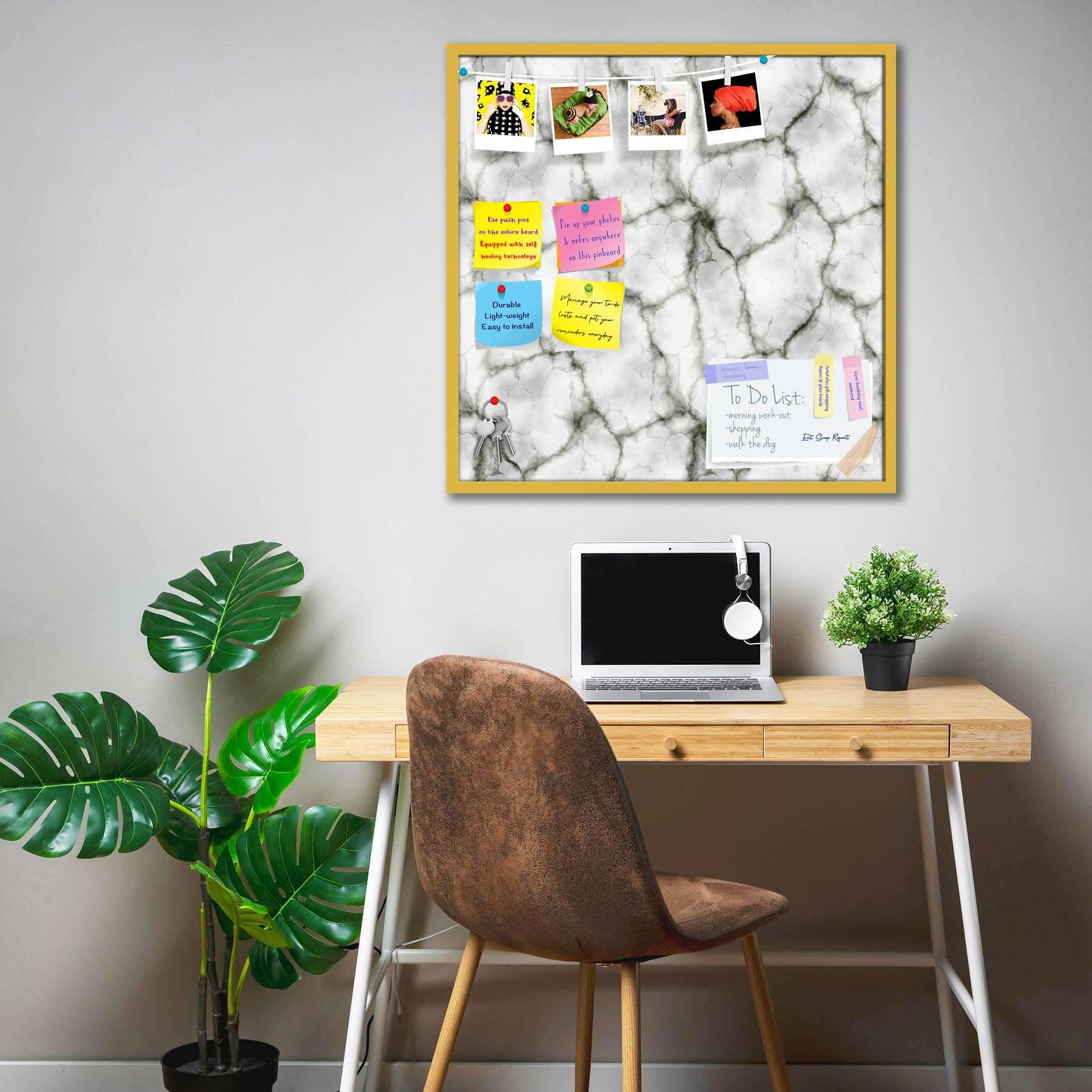 ArtzFolio Abstract Marble Art D3 | Bulletin Board Notice Pin Board | Vision Soft Board Combo with Thumb Push Pins & Sticky Notes | Golden Frame | 12 x 12 inch (30 x 30 cms) 1