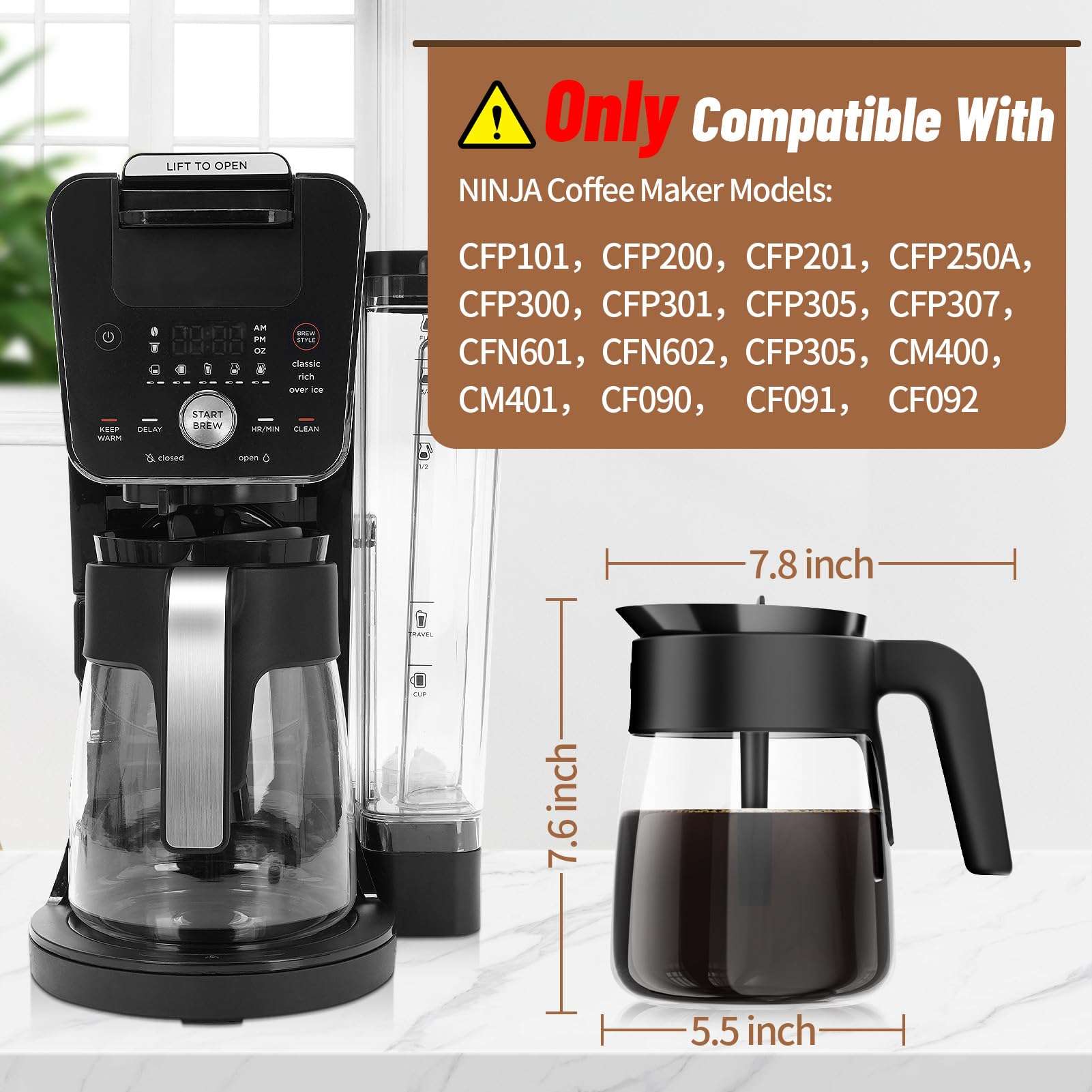 12 Cup Coffee Pot Replacement for Ninja Coffee Maker CFP101 CFP201 CFP301 CFN601 CFP250A CFP300 CFP307, Glass Carafe Replacement with Brew-Through Lid, Ninja Coffee Pot Replacement with Sturdy Handle 3