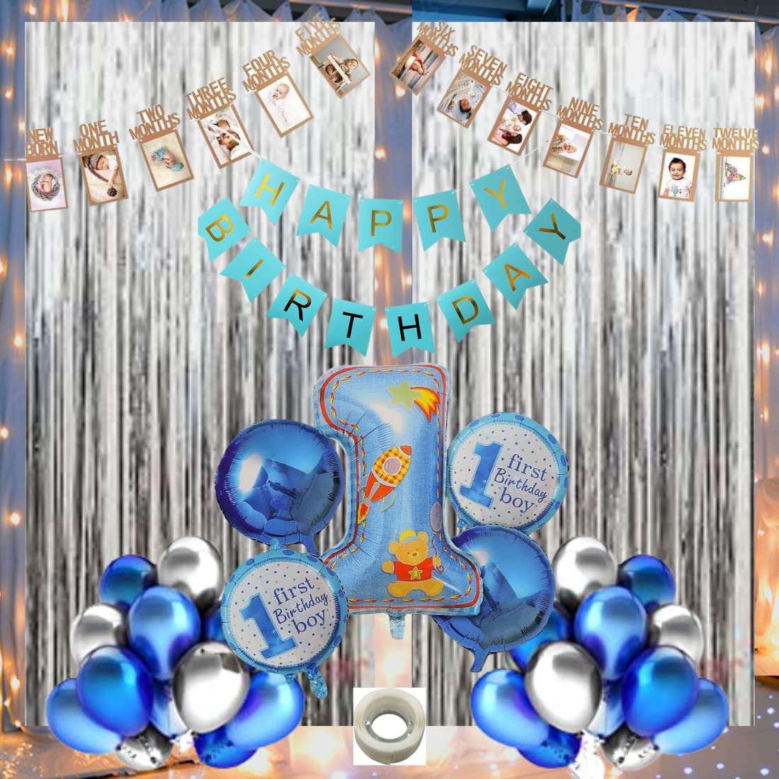 Bubble Trouble Happy Birthday Decoration Kit Pack of 47 Combo with 1 Pc Blue Birthday Banner, 1 Pc Glue Dot , 40 pc Blue Silver balloons for Kids Birthday Decoration Items 1