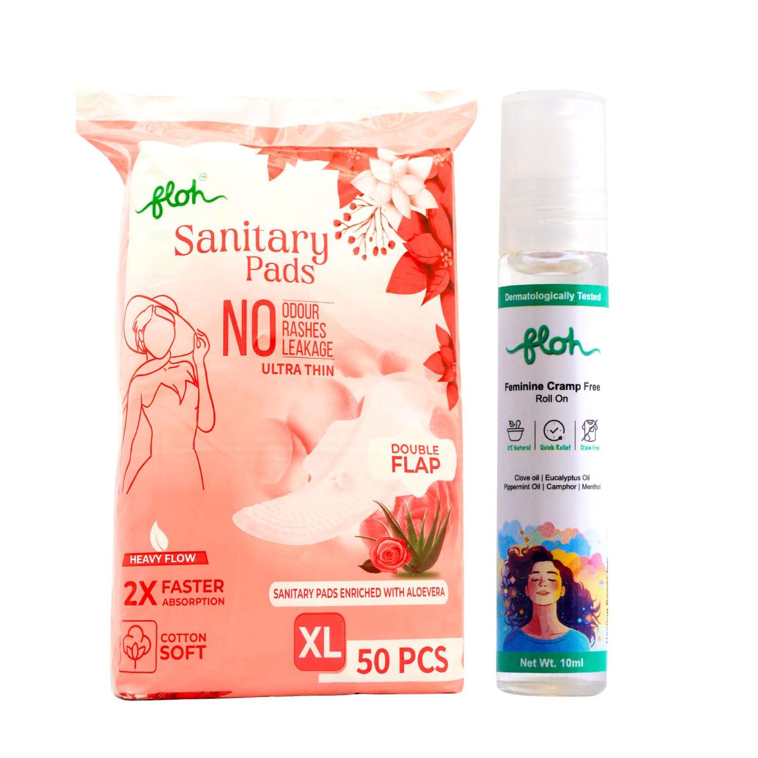 Floh Sanitary Pads XL (50 Pads) + Feminine Cramp Roll-On 10ml | Aloe Vera Enriched, Ultra Thin with Double Flap | Period Pain Relief Combo | 100% Natural, Quick Relief Roll-On 1