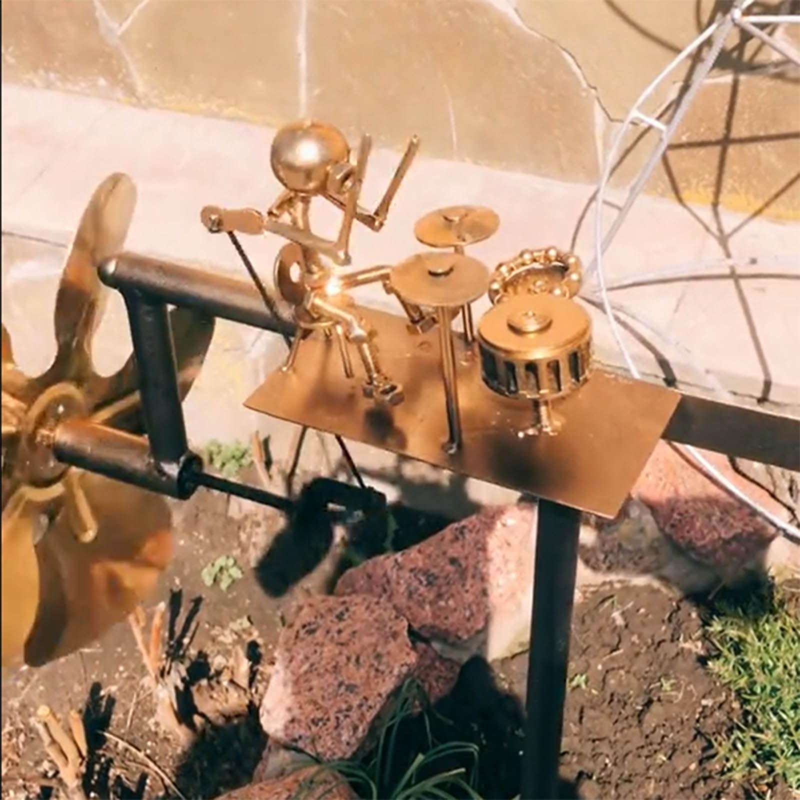 Handmade Metal Drummer Windmill, Percussionist Music Figurines and Statues, Rockin Art Figurine, Wind-Powered Kinetic Sculpture, Wind Spinners Novelty Lawn Garden Patio Decor, Drummer Decor (2 Sets) 4