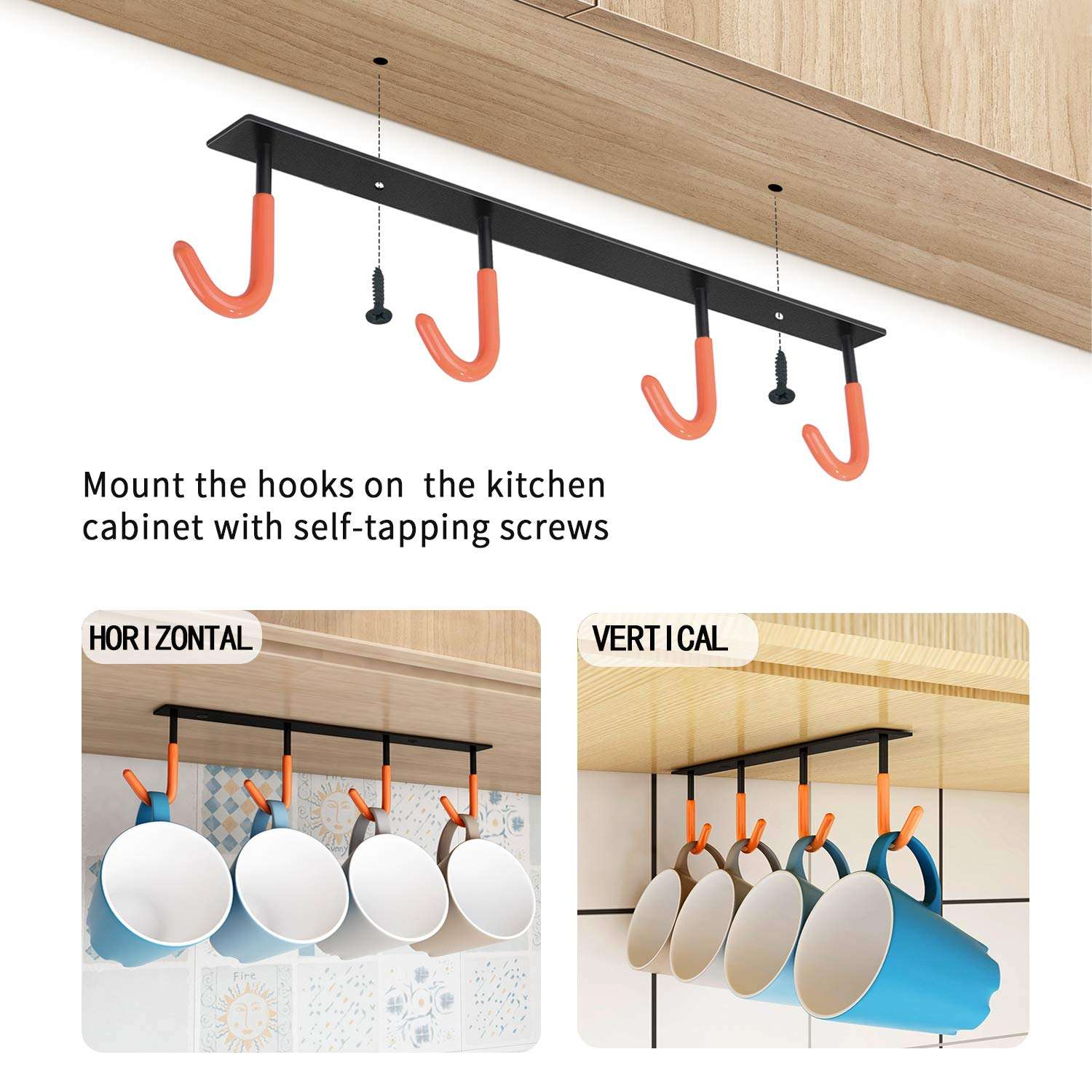 XIGOO Coffee Mug Holder Under Cabinet - Multi-Function Kitchen Cabinet 2pcs × 4 Hooks, Heavy Duty Hangers for Hanging Mug Cup,Teapots, Utensils 5