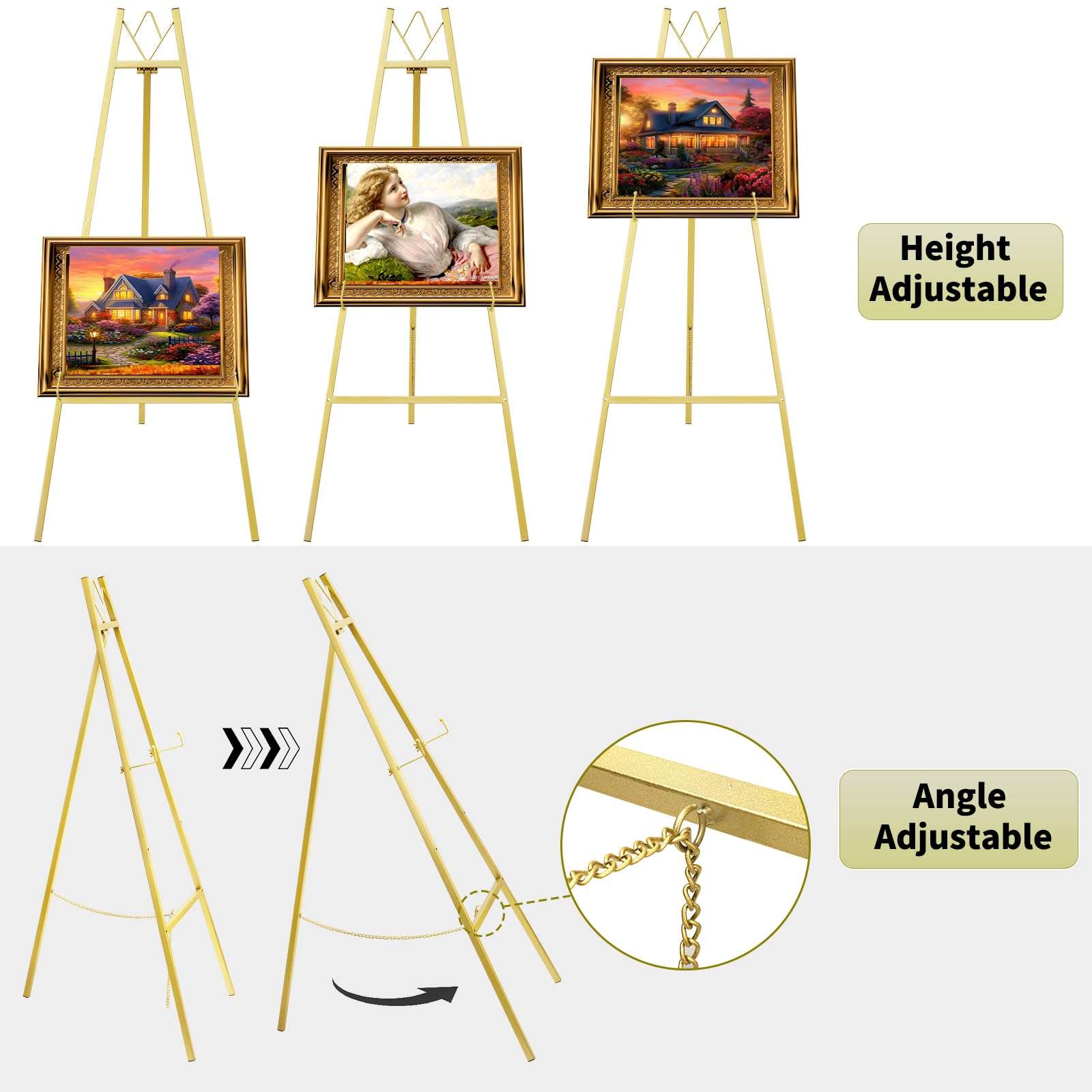 GRENTY Gold Easel Stand for Wedding Sign,No Assembly Required Metal Artist Easels for Display,Heavy Duty Welcome Poster Stands for Party,Painting 6