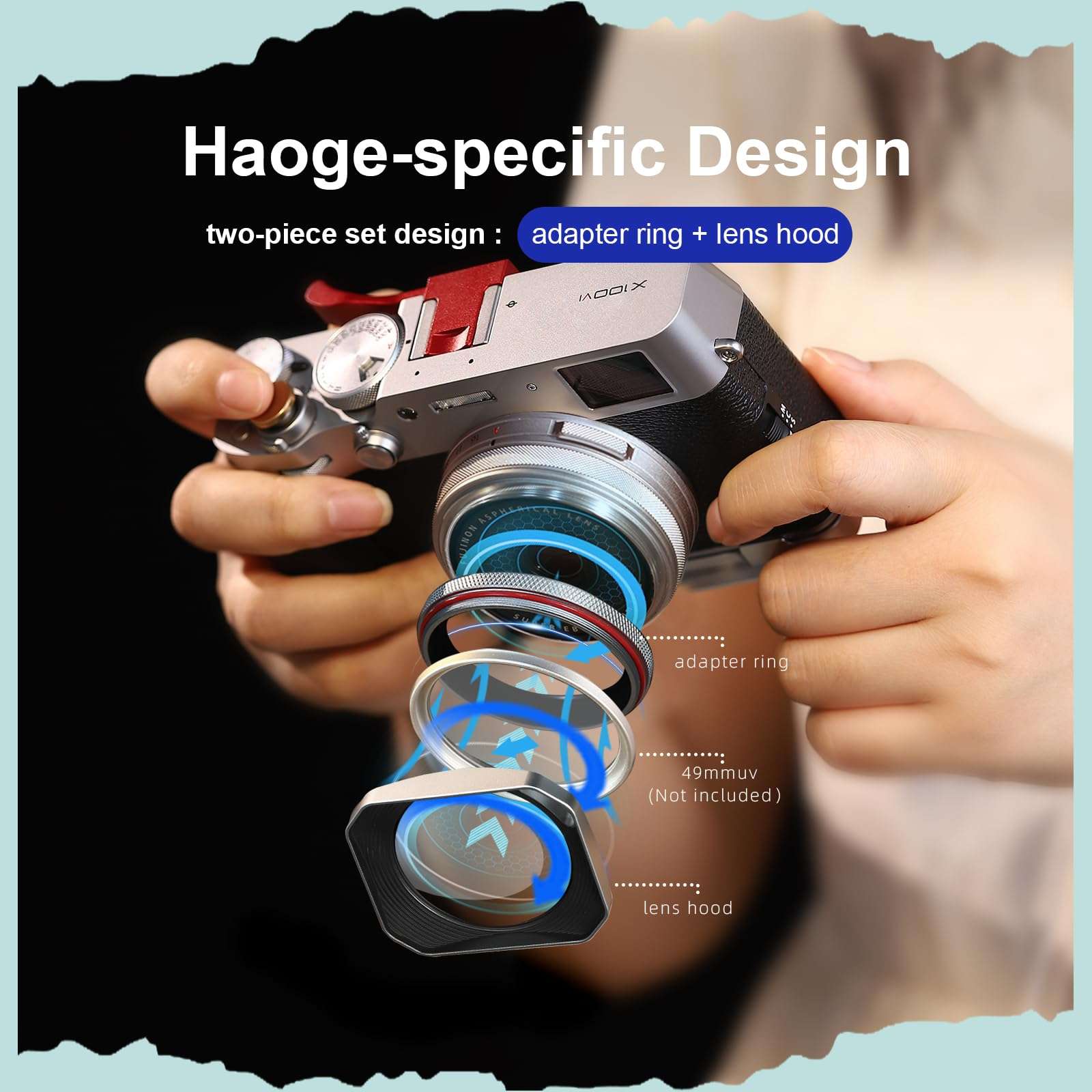 Haoge Square Metal Lens Hood for Fujifilm X100VI X100V X100F X100T X100S X70 Fuji Photo Camera Accessories Silver with 49mm Uv Filter Adapter Ring Hollow Out Designed LH-X1006-PS 5