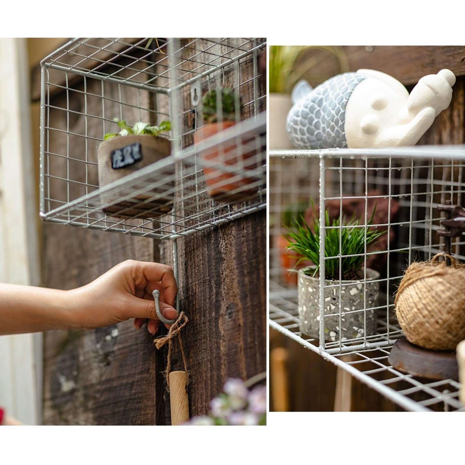 Wall Grid Hanging Basket with 4 Hooks, Wire Basket Gardening Tools Organizer, Industrial Display Shelf for Kitchen, Bathroom, Garden, Living Room 6