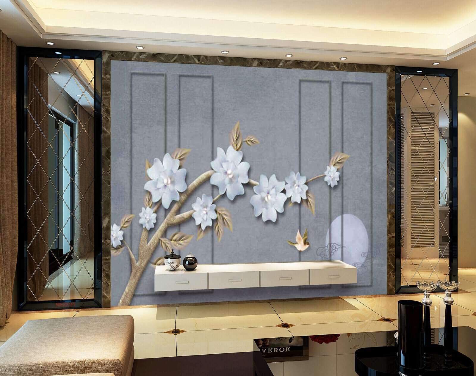 Wall26 - WEZ2111 Beautiful Centre Pearl Centered Flowers Branches Off White Arm Heyday HD 3D Wall Sticker[8 ft x 6 ft] / [244 cm x 183 cm] 4