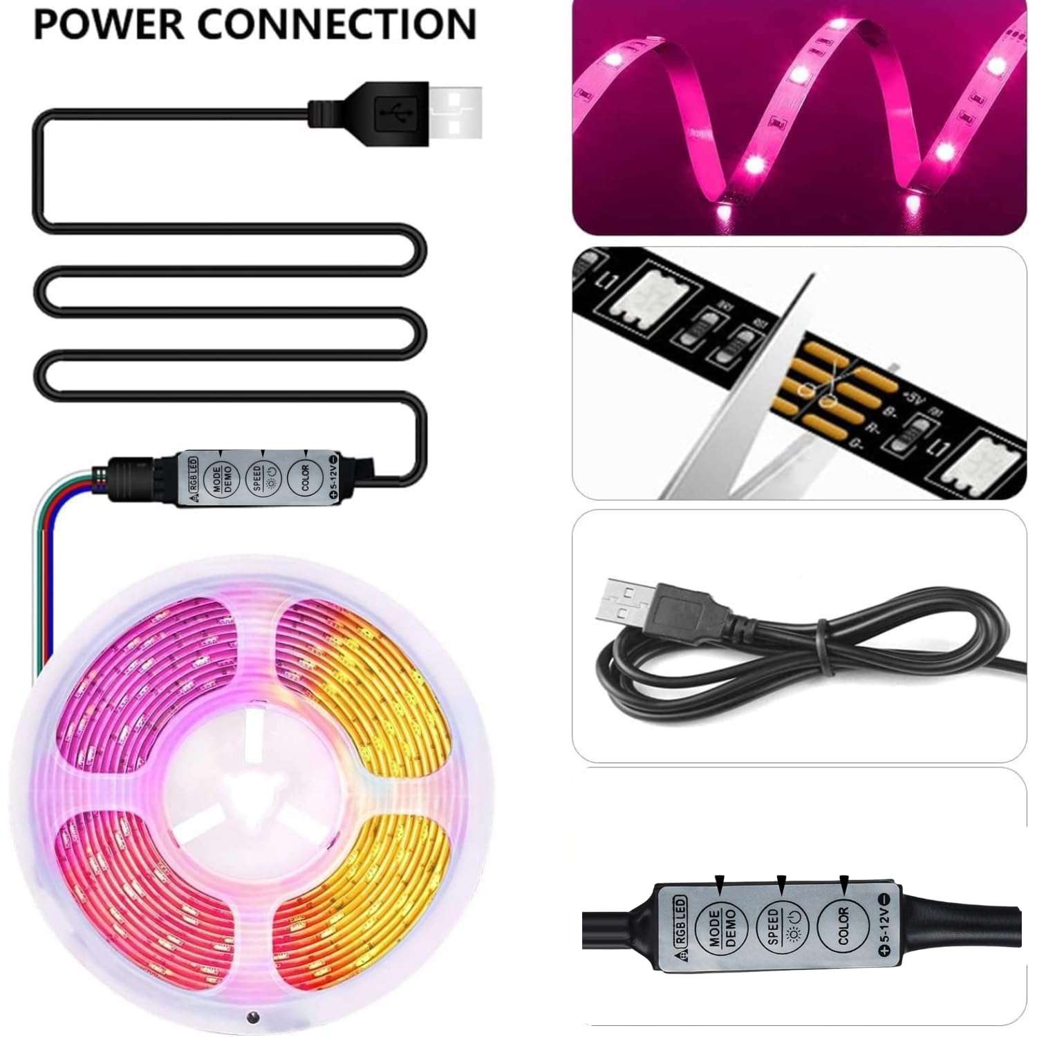 One94Store RGB LED Strip Light 3 Meter USB Powered 5V Flexible Color Changing LED Light with Mini Controller for TV Backlight, Gaming Desk, PC, Monitor, Mirror (for 32-40" inch Tv'S) 6