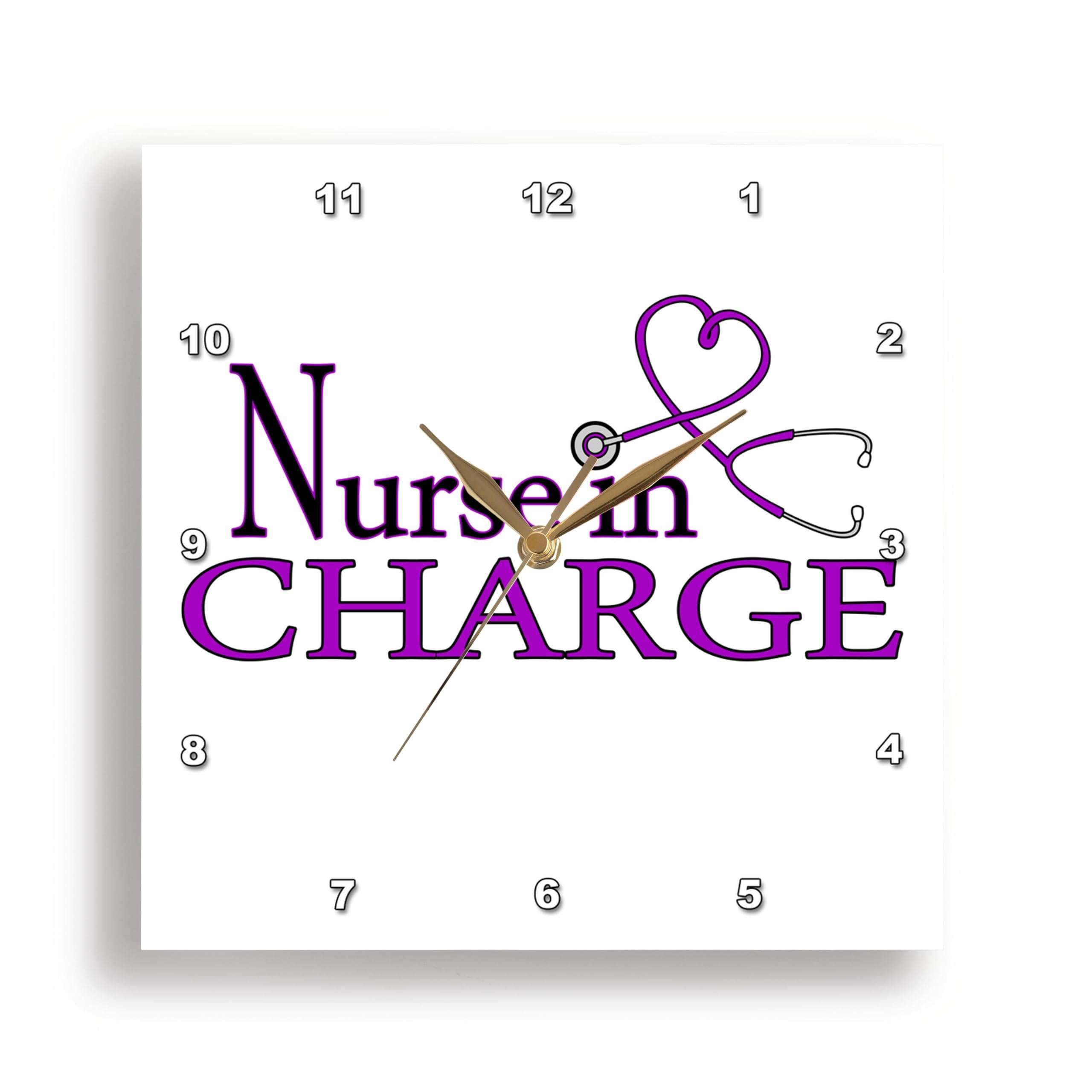 3dRose Wall Clock Silent - 10 inch - Nurse in Charge Purple Heart Stethoscope - Designs Occupational Gifts 1