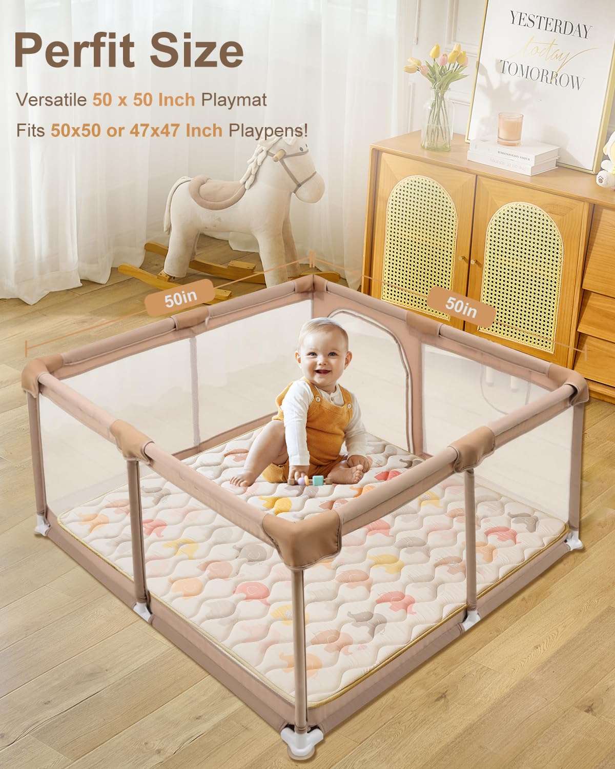 PINNKKU Baby Play Mat, 50x50 Playpen Mat, Thick & Soft Padded Play Mat for Baby and Toddlers, Foldable and Machine Washable Kids Play Mat for Floor Play, Crawling & Tummy Time, Boho Elephant 3