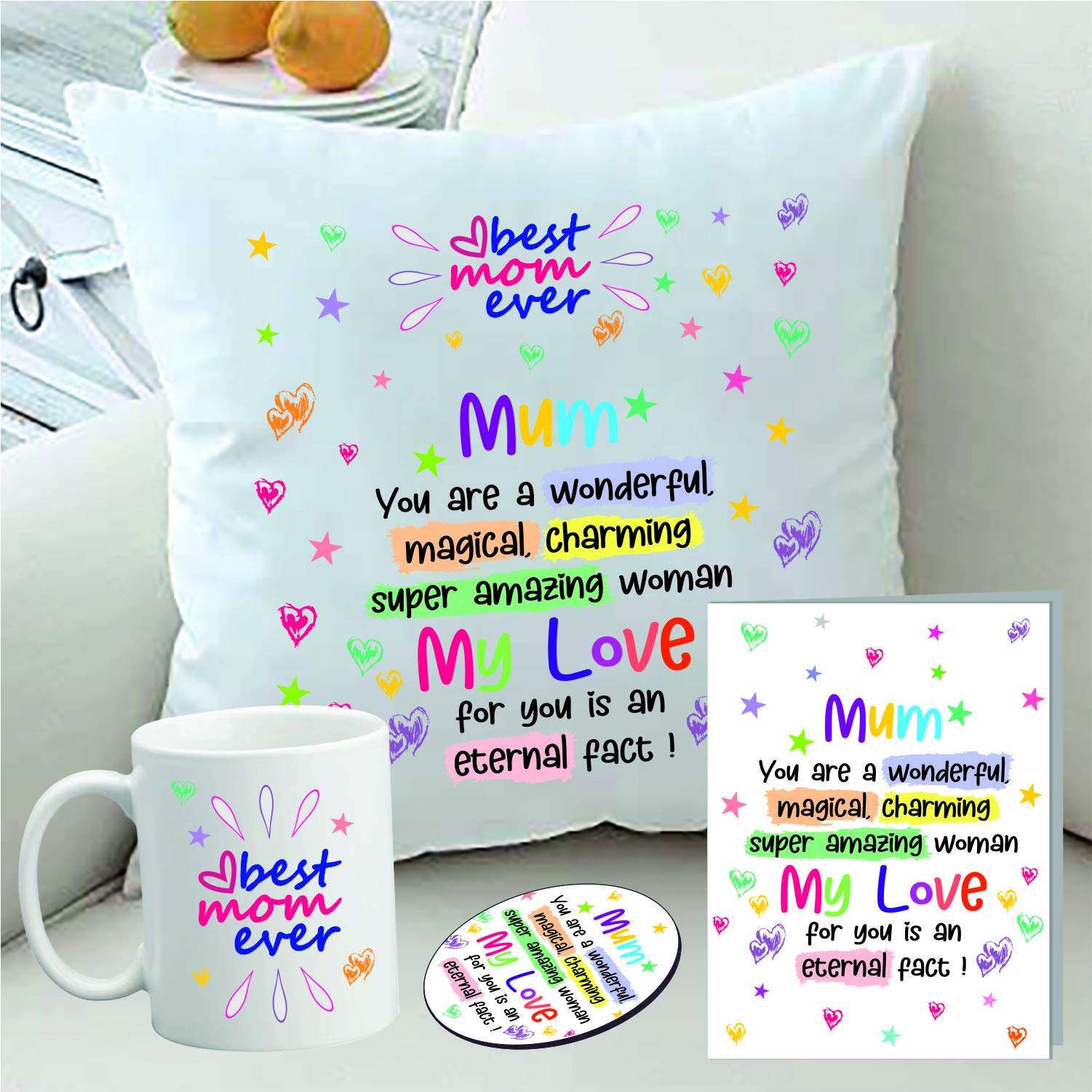 PICRAZEE Gift for MOM | Mummy | Mother Birthday Gift | Women's Day | Mothers Day Gift Combo (1 Printed Coffee Mug, 1 Printed Fridge Magnet, 1 Greeting Card) 1