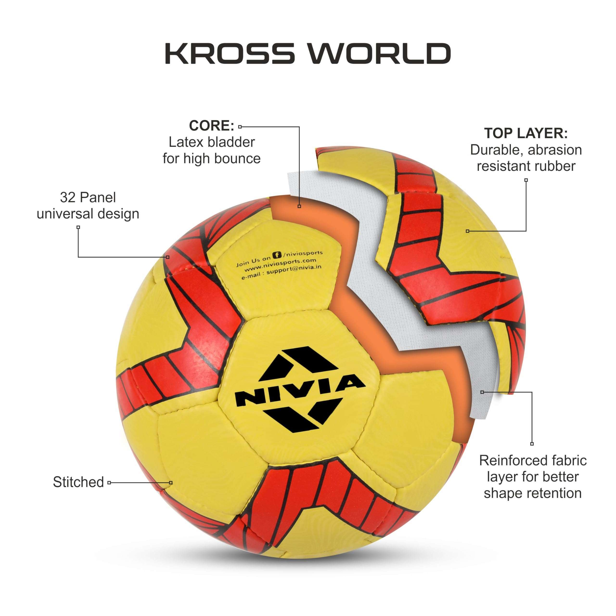 Nivia Kross World Germany Football, Rubberized Stitched Football,32 Panel,Suitable for Hard Ground Without Grass,Training Football,Football for Men & Women,Size 5 (Yellow) Size-5 3
