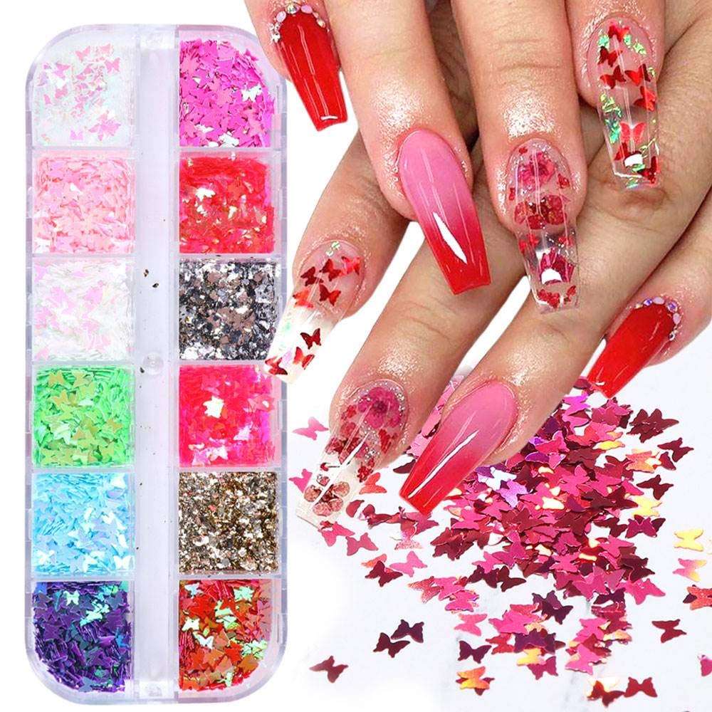 Butterfly Nail Art Stickers Decals Nail Sequins Holographic Glitter Nail Art Accessories Decoration for Women Girls 3D Nail Art Stickers 12 Color/Box