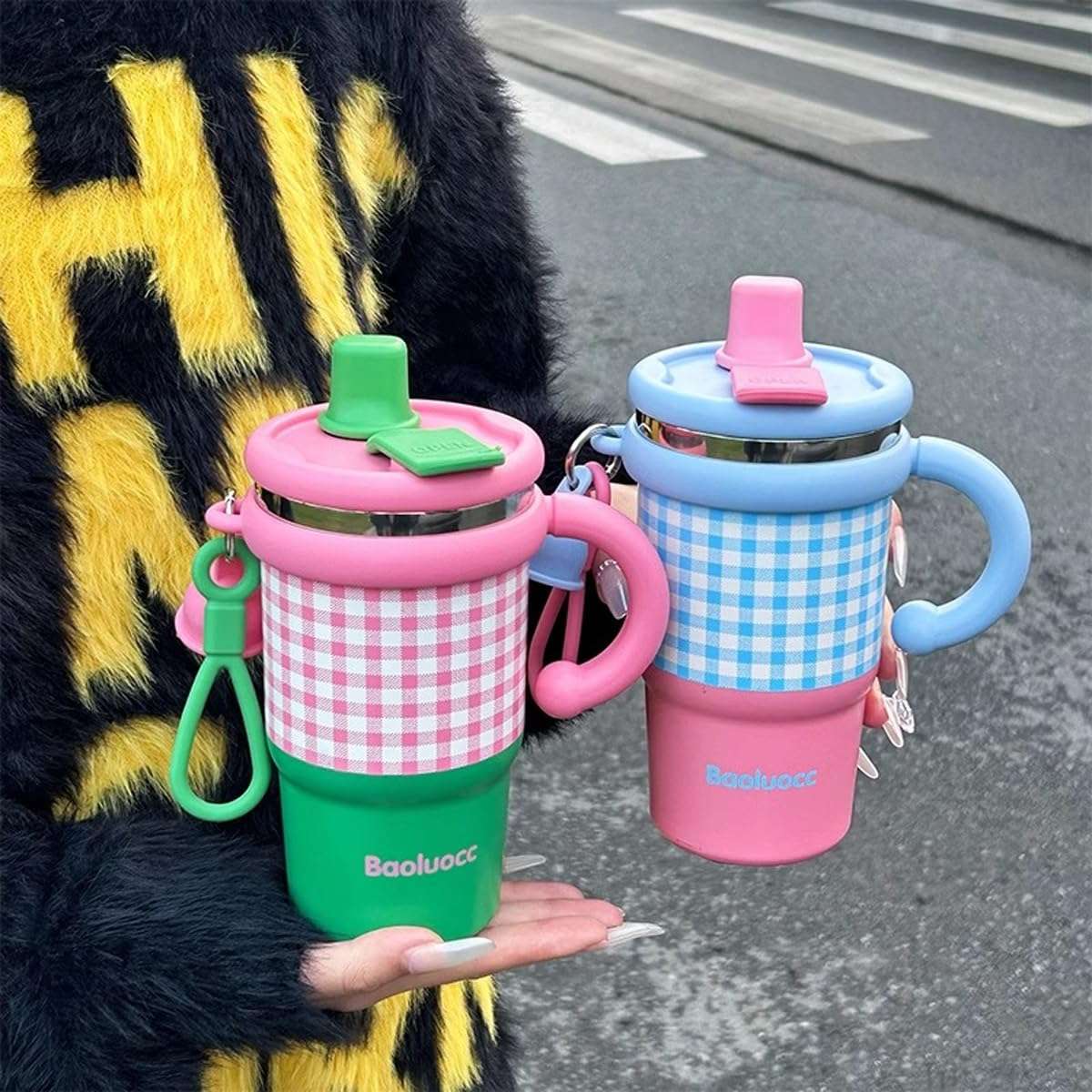 Spooky Stainless Steel Tumbler with Straw – 600ML Capacity, Insulated for 6-12 Hours – Portable, Vacuum-Sealed with Handle & Carrying Rope, Perfect for Travel, Office & Gifts - Pink&Green Contrast 3