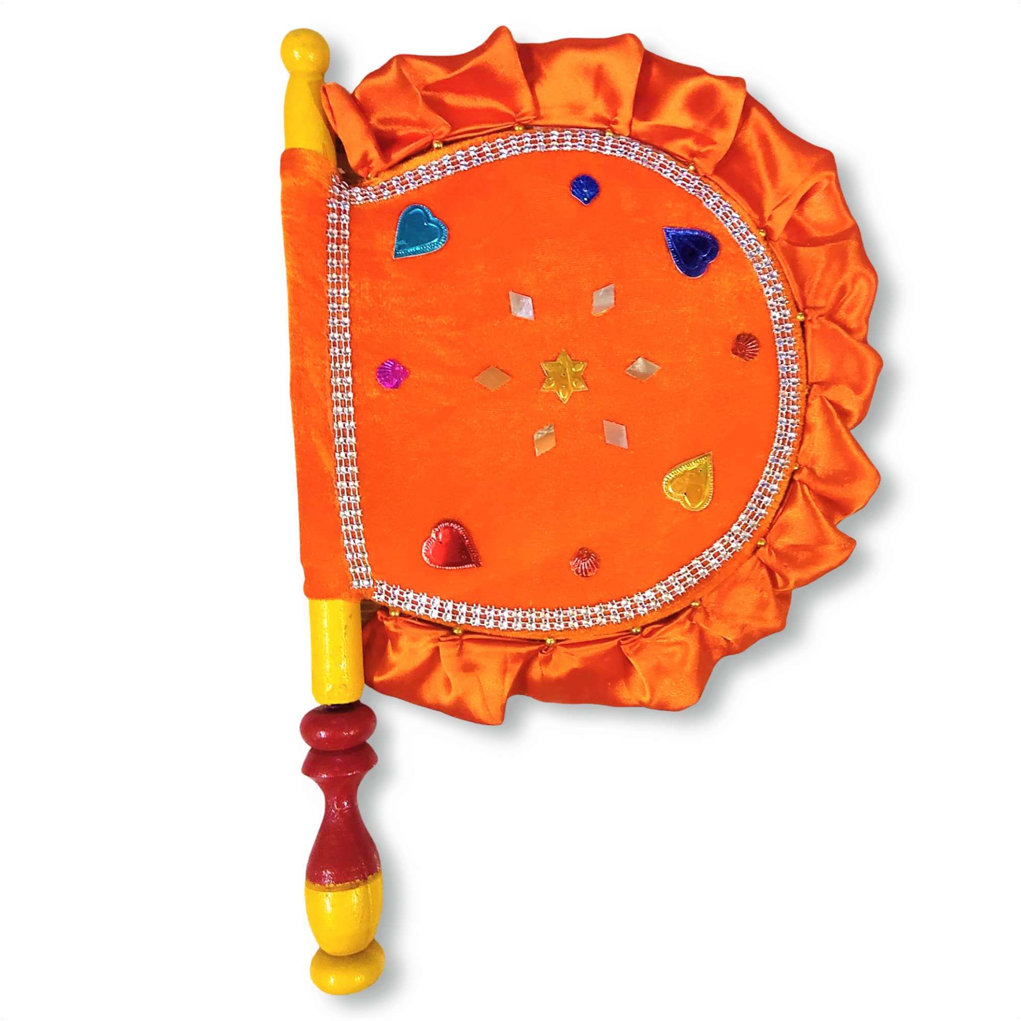 Stonsell Wooden Handcrafted Hand Fan/Beejna Pankha with Valvet Cloth, Royal/Punjabi Hand-Fan with Wooden Handle for Home Décor & Travel use (Multi-Color) (Orange) 1