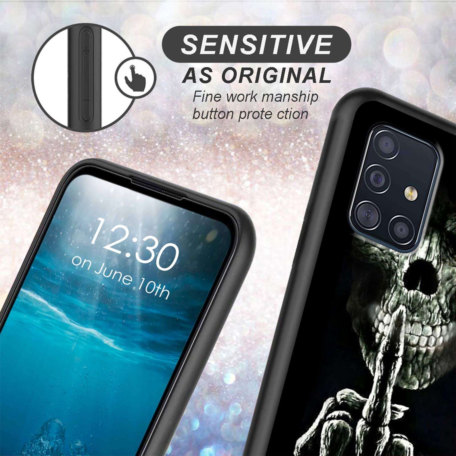BEROSET for Samsung Galaxy A71 5G Case[Not Fit A71 4G], Funny Skeleton Skull Cuomized Design Printed Soft Liquid Siline Rubber Microfiber Lining Protection Shockproof Phone Case for Samsung A71 5G 3