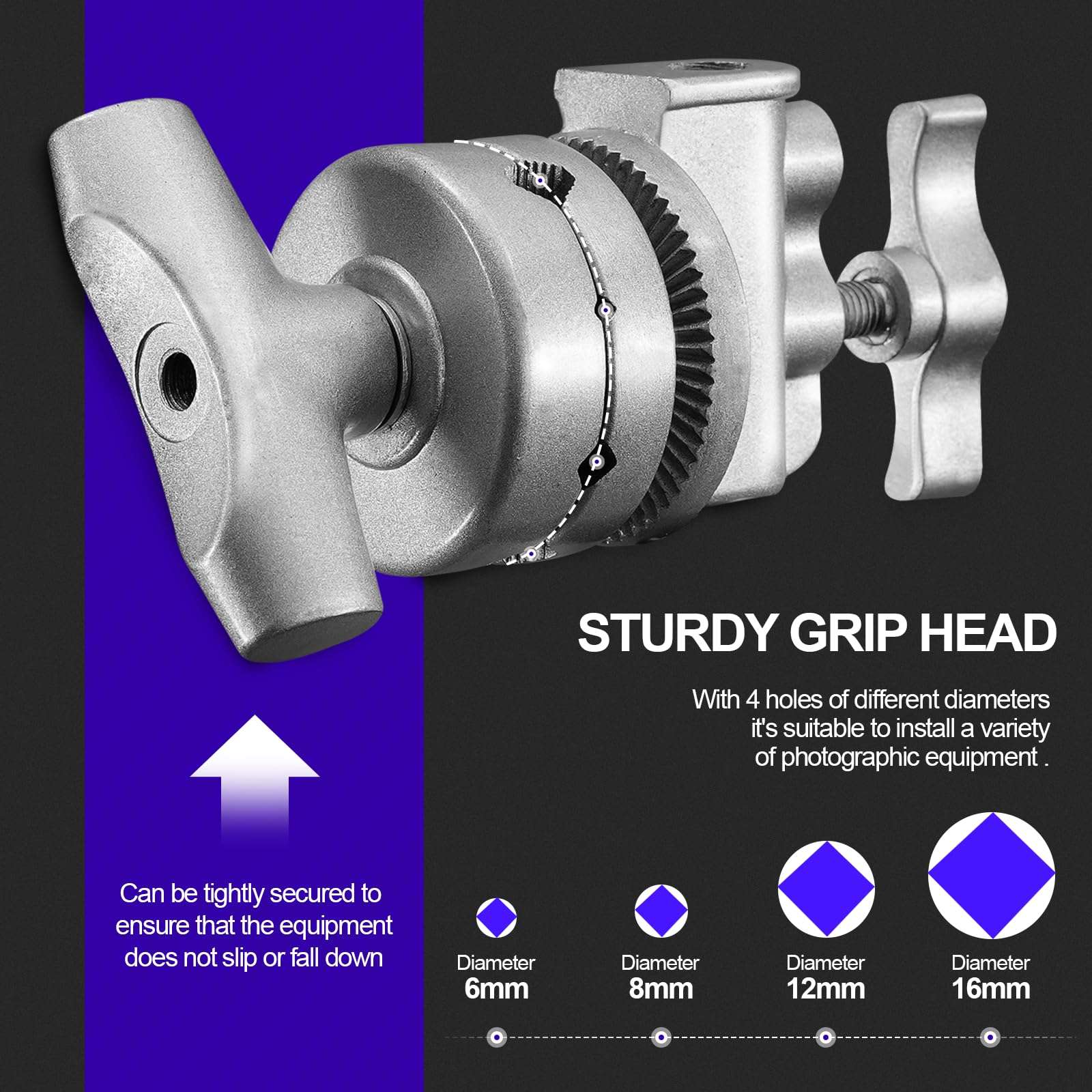 WELLMAKING Heavy Duty Grip Head 2.5inch Swivel Head Holder Adapter, Multi Functional Clamp Duty for Light Stand, Extension Boom Arm and Other Photographic Equipment with 1/2,1/4,3/8,5/8-inch Mount 3