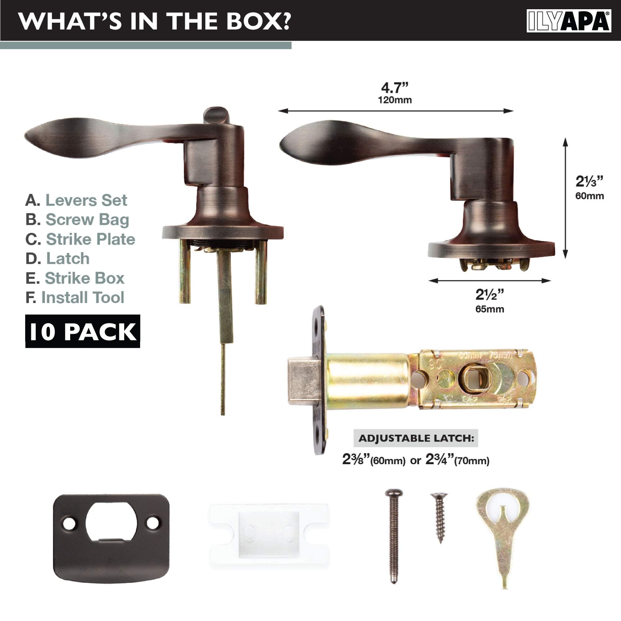 Ilyapa Privacy Door Levers, Wave Style, Keyless Locking Door Handles for Bed and Bath Leverset Lockset, Left or Right Handing Wave Style Handles, Oil Rubbed Bronze, 10 Pack 2