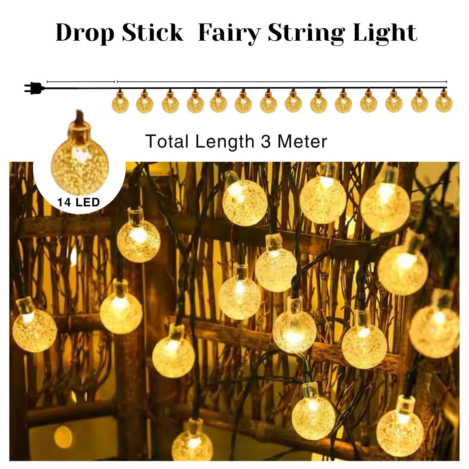 One94Store Crystal Ball String Lights – 14 LED, 3 Meter Warm White – Decorative Waterproof Fairy Lights for Indoor/Outdoor, Garden, Diwali, Christmas, Wedding, Party & Festival Decoration Pack of 1 4