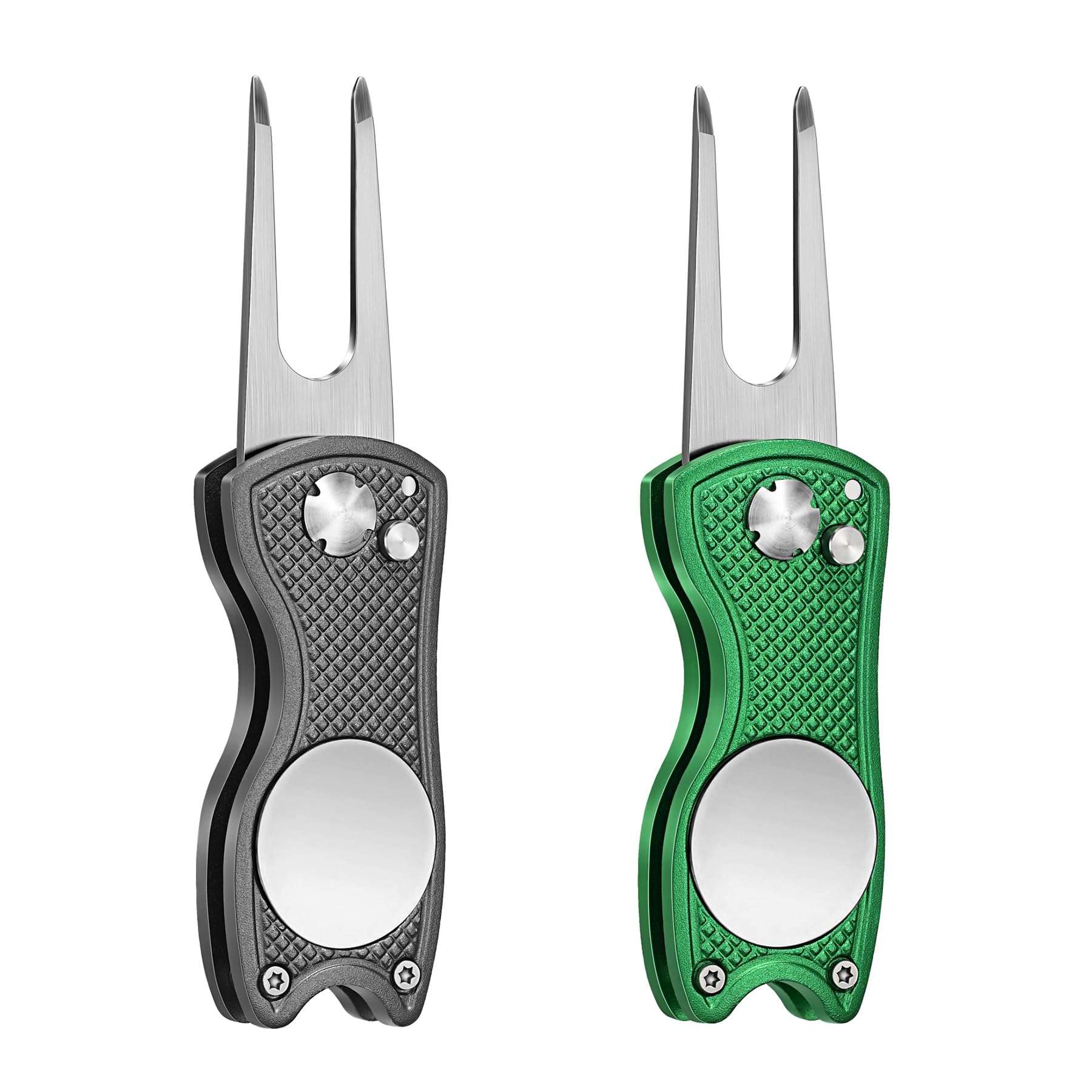 Mile High Life 2 Pieces Golf Divot Repair Tool w Magnetic Golf Ball Marker | All Metal Foldable Divot Tool w Pop-up Button | Golf Club Holder | Golf Accessories for Men (Green,Grey) 1