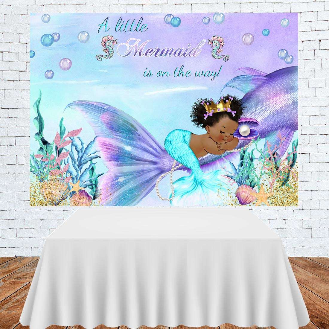 Mermaid Theme Baby Shower Backdrop Purple Under The Sea A Little Memaid is on The Way Photography Background Royal Princess Newborn Baby Party Decorations Banner Photo Booth Props 3