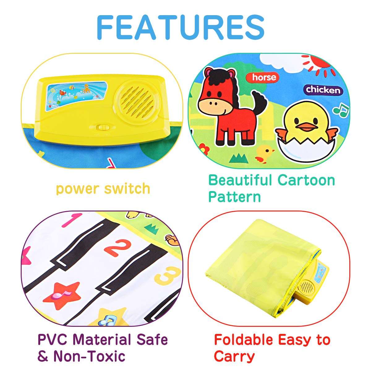 WOSTOO Piano Mat, Musical Piano Mat Keyboard Play Mat Portable Musical Blanket Instrument Toy with 8 Animal Sounds Dance Mat Educational Toy Gift for Kids Toddler Girls Boys 3