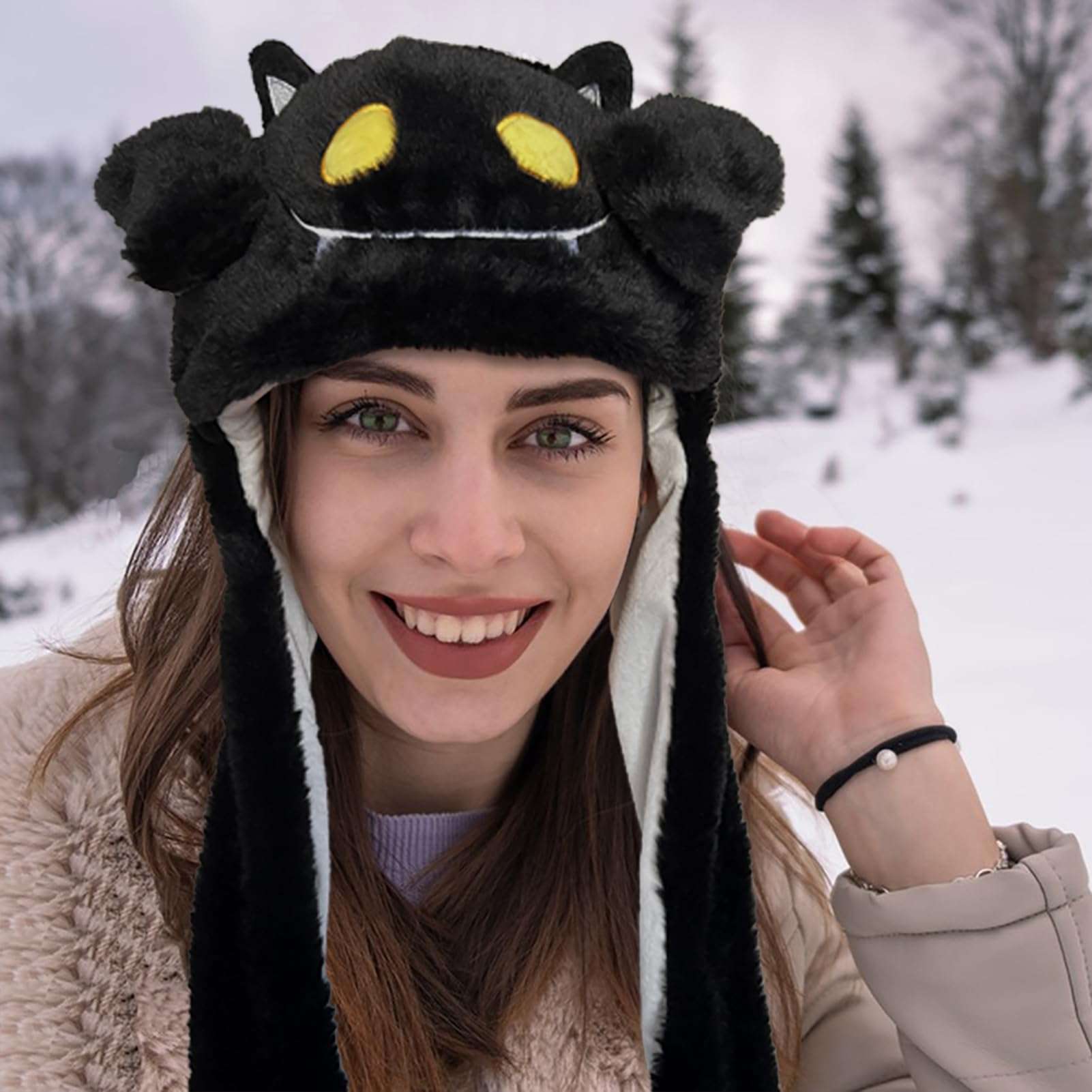 Frxvuc Ear Moving Jumping Hat Funny Plush Ghost Hat Unisex Earflaps Movable Ears Hat Cosplay Halloween Christmas Party Hat (Black) 4