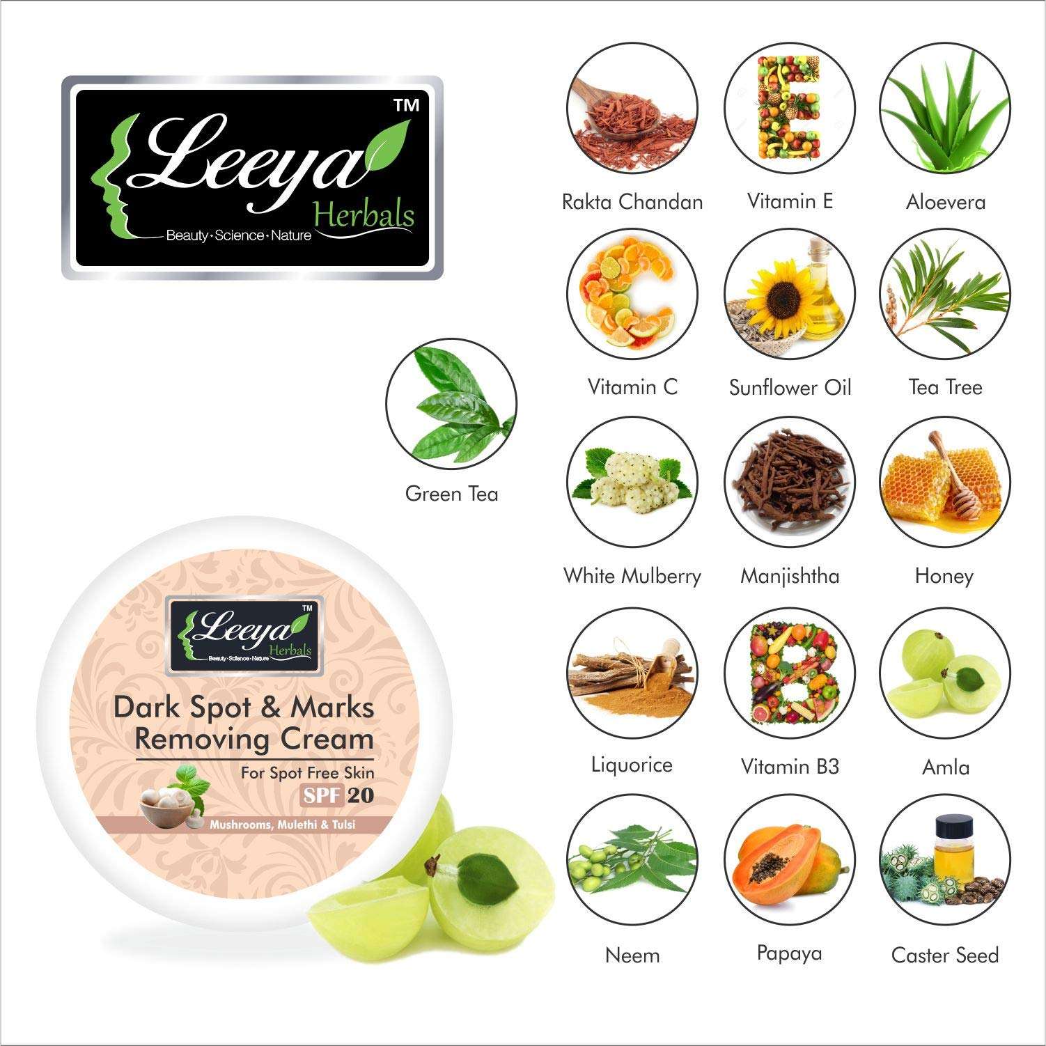 LEEYA HERBALS VITAMINC VITAMIN B3 WHITE MULBERRY LIQUORICE TEA TREE OIL NEEM HONEY APPLE CIDER VINEGAR PAPAYA RAKTA CHANDAN MANJISHTHA DARK SPOTS AND MARKS REMOVAL CREAM FOR OILY SKIN WOMEN MEN 150 GM 6