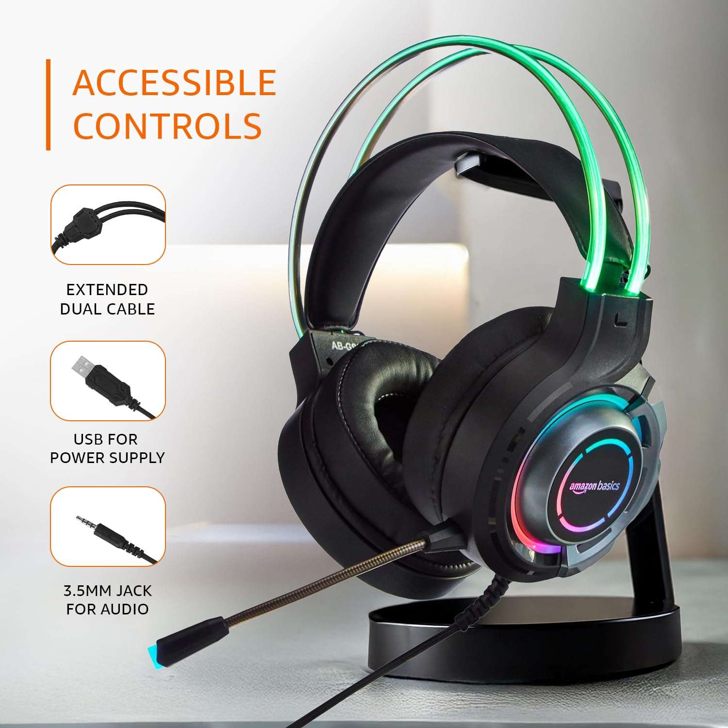 amazon basics RGB Wired Gaming On Ear Gaming Headphone, 2 Meter Braided Cable, with mic, Suspension Design, 3.5mm Connector (USB A only for RGB, Black) 4