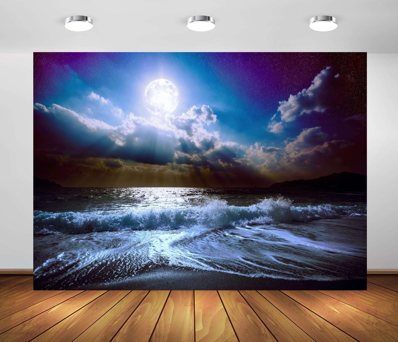 CORFOTO 17x10ft Moon Night Sea Wave Backdrop Beach Moon Night Photography Backdrop Seaside Night Sky Scenery Backdrop Art Portrait Photoshoot Bedroom Wall Decor Prop 4