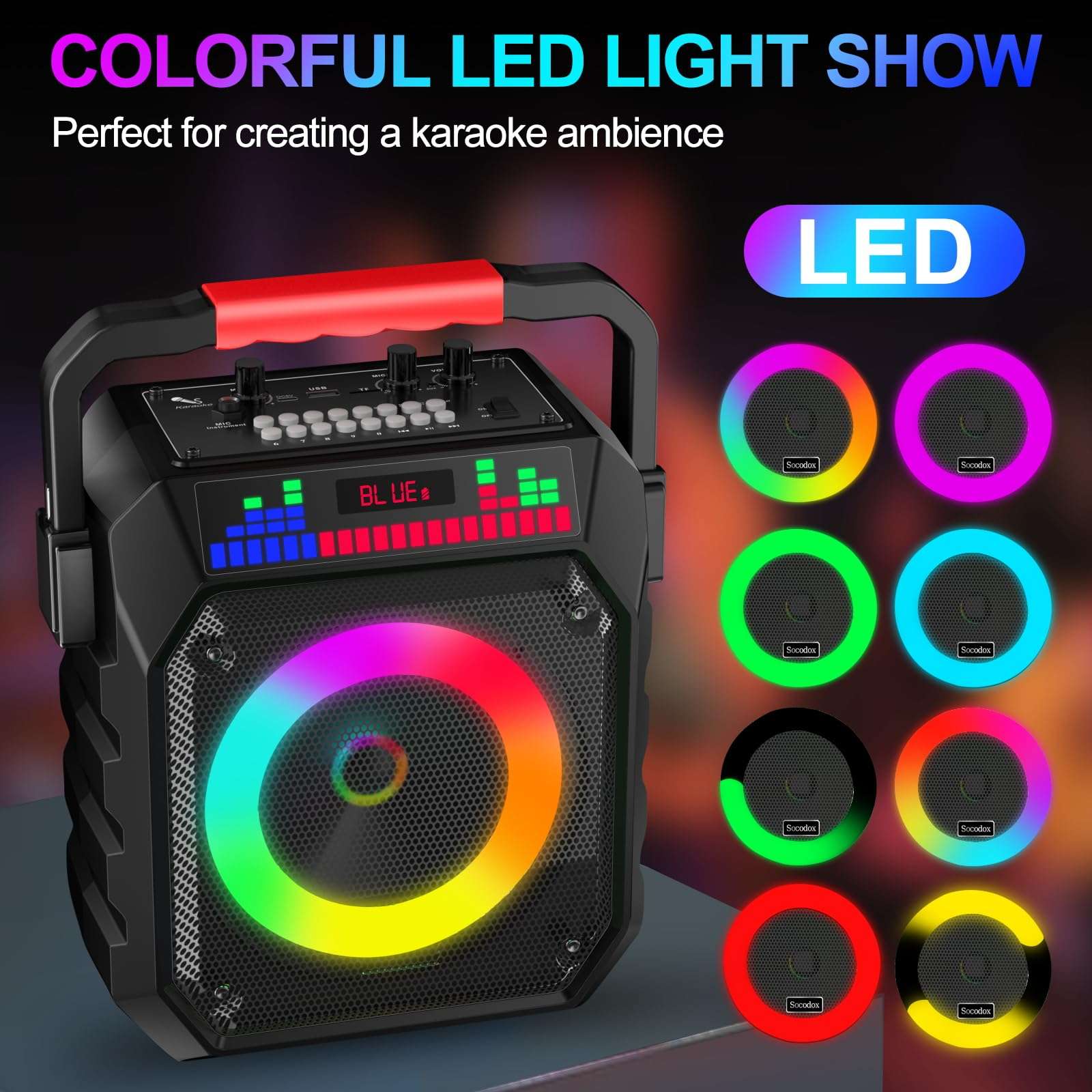 Karaoke Machine for Adults & Kids, Portable Bluetooth Speaker with 2 Wireless Microphones and RGB Lights, Home Karaoke PA System Supports Bluetooth/USB/TF/AUX for Family Party & Outdoor Fun 6