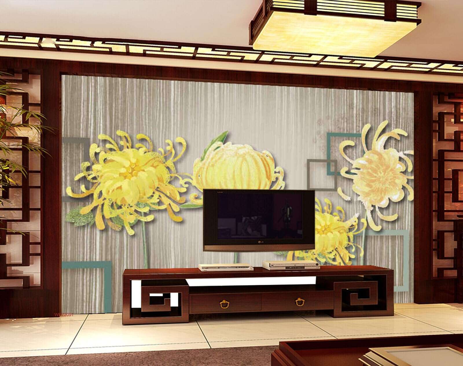 Wall26 - WEZ2091 Long Beautiful Squares Square Flowers Bloom Stemmed HD 3D Wall Sticker[8 ft x 6 ft] / [244 cm x 183 cm] 1