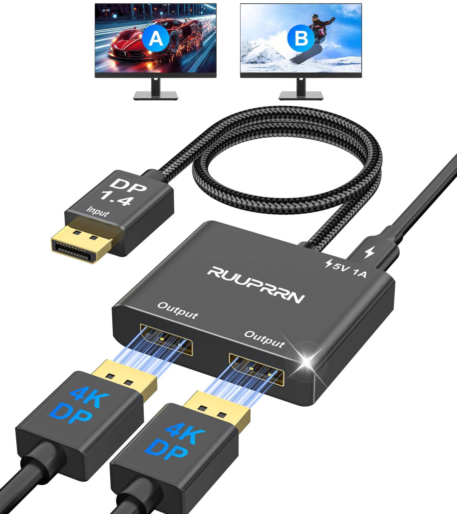 RUUPRRN 4K@60Hz DisplayPort to Dual DisplayPort Splitter Adapter, Display Port Splitter for Dual Monitors, DP 1.4 Splitter 1 in 2 Out, Displayport MST Hub for PC, Graphics Card, NVIDIA, AMD