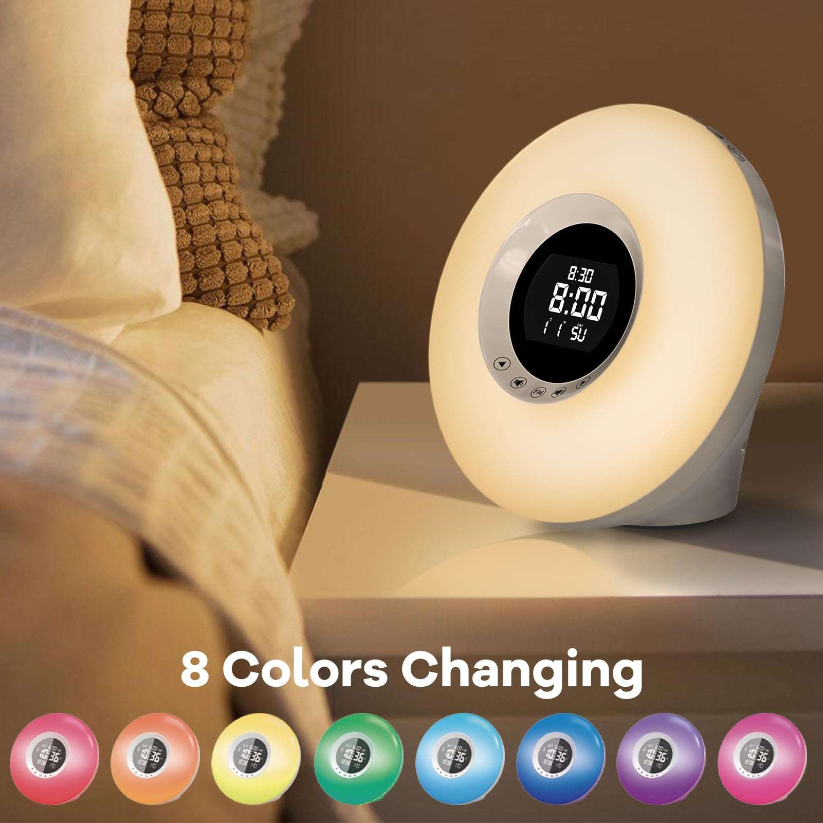 HEYAXA Sunrise Alarm Clock with Wake Up Light for Kids, Adults, Heavy Sleepers, Sleep Aid with Sunrise Simulation，8 Colors Night Light & 6 Natural Sounds for Bedrooms FM Radio, Gift Ideas 3