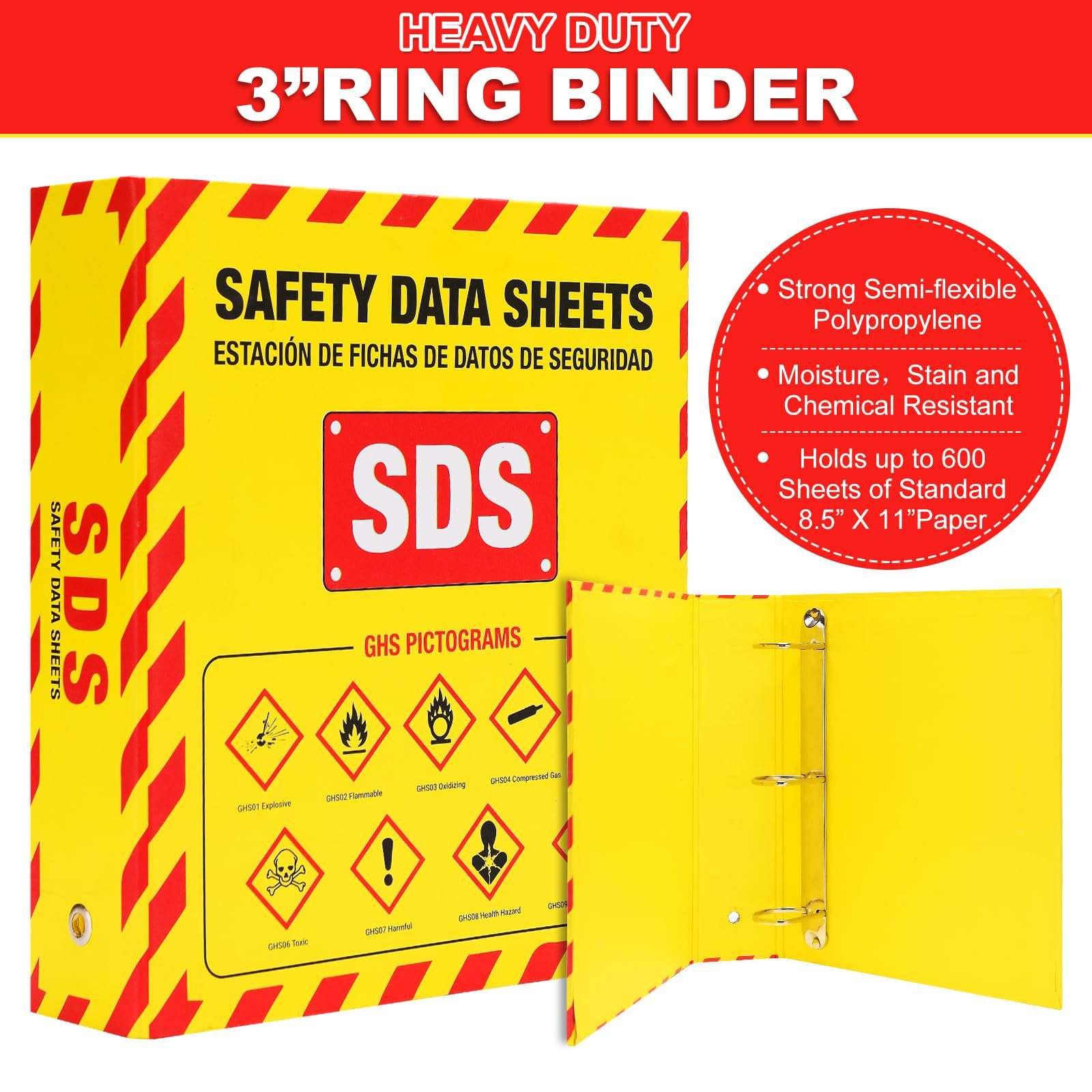 MSDS SDS Binder and Wall Station,Yellow Heavy Duty 3 Inch Material Safety Data Sheet 3 Ring Binder with SDS Wire Rack and Display Sign, Chain,Mounting Hardware,Safety Posters,MSDS Labels 3