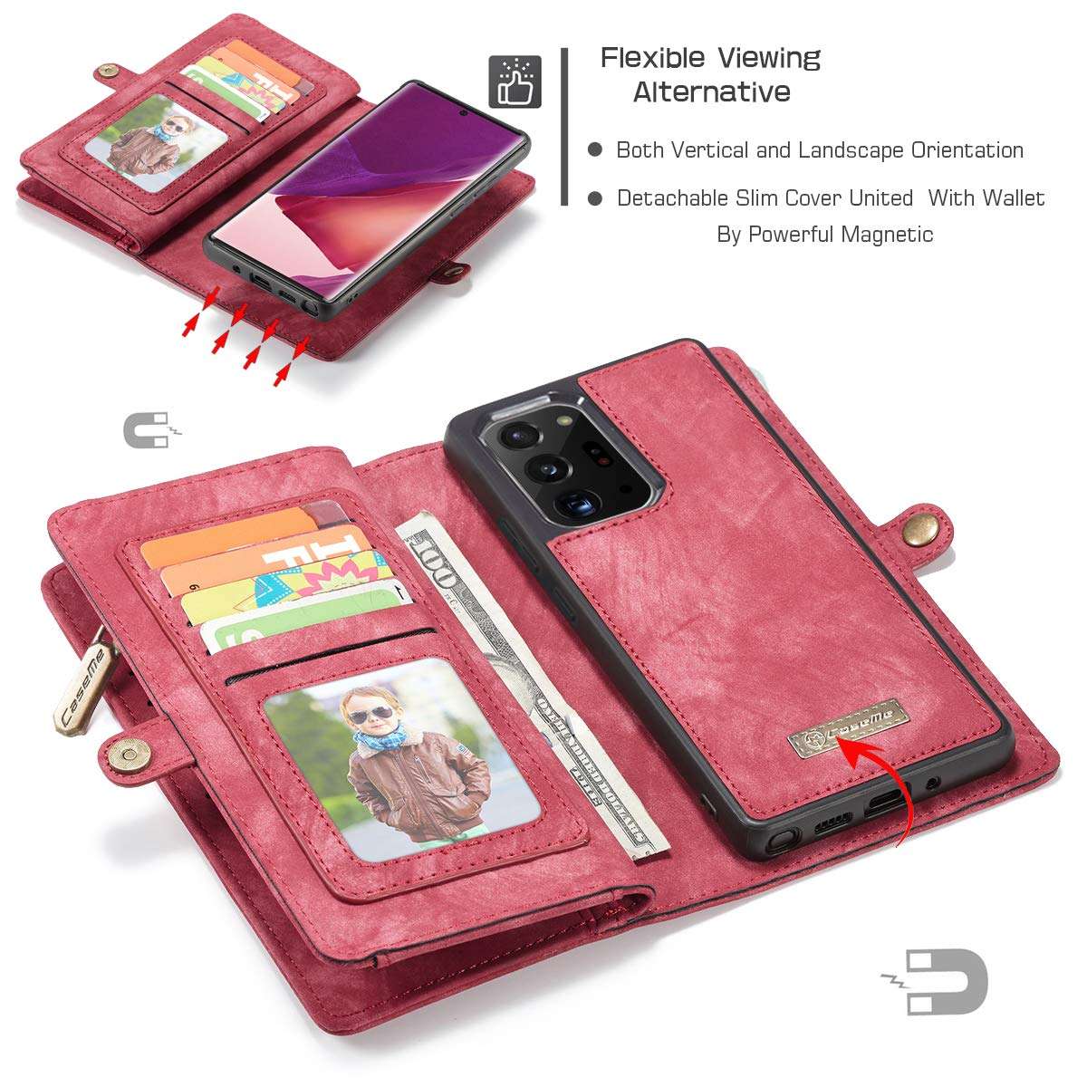 Zttopo Galaxy Note 20 Ultra Wallet Case, 2 in 1 Premium Leather Zipper Detachable Magnetic 11 Card Slots Money Clutch for Samsung Note 20 Ultra Folding Flip Case Wallet (Red, (6.9'')) 2