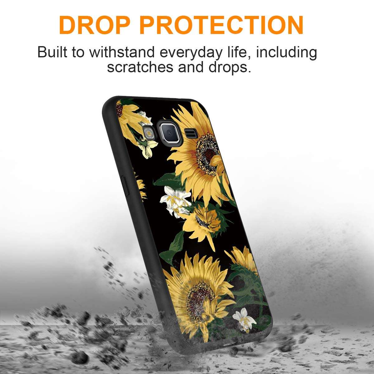 Yoedge Case for Galaxy J3 2016, Black Phone Case with Pattern 【Ultra Slim】 Shockproof Flexible Soft Gel TPU Silicone Back Cover Bumper Skin for Samsung Galaxy J3 2016 (Sunflower) 3