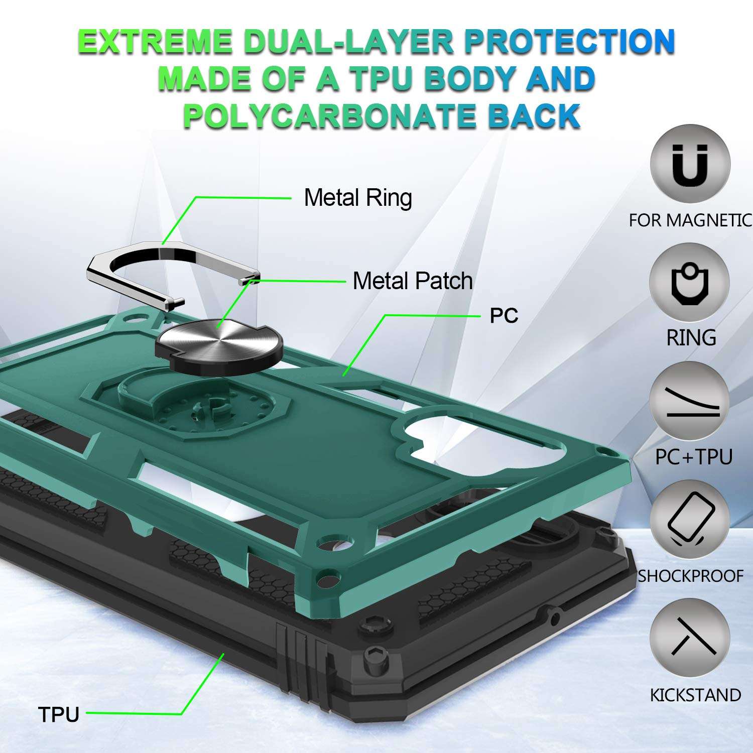 Compatible for Samsung Note 10 Plus Case, for Galaxy Note 10+ Case with Screen Protector [3D PET, 2 Pack], Jshru Rotating Ring Kickstand Protective Case for Samsung Galaxy Note 10 Plus, Midnight Green 4