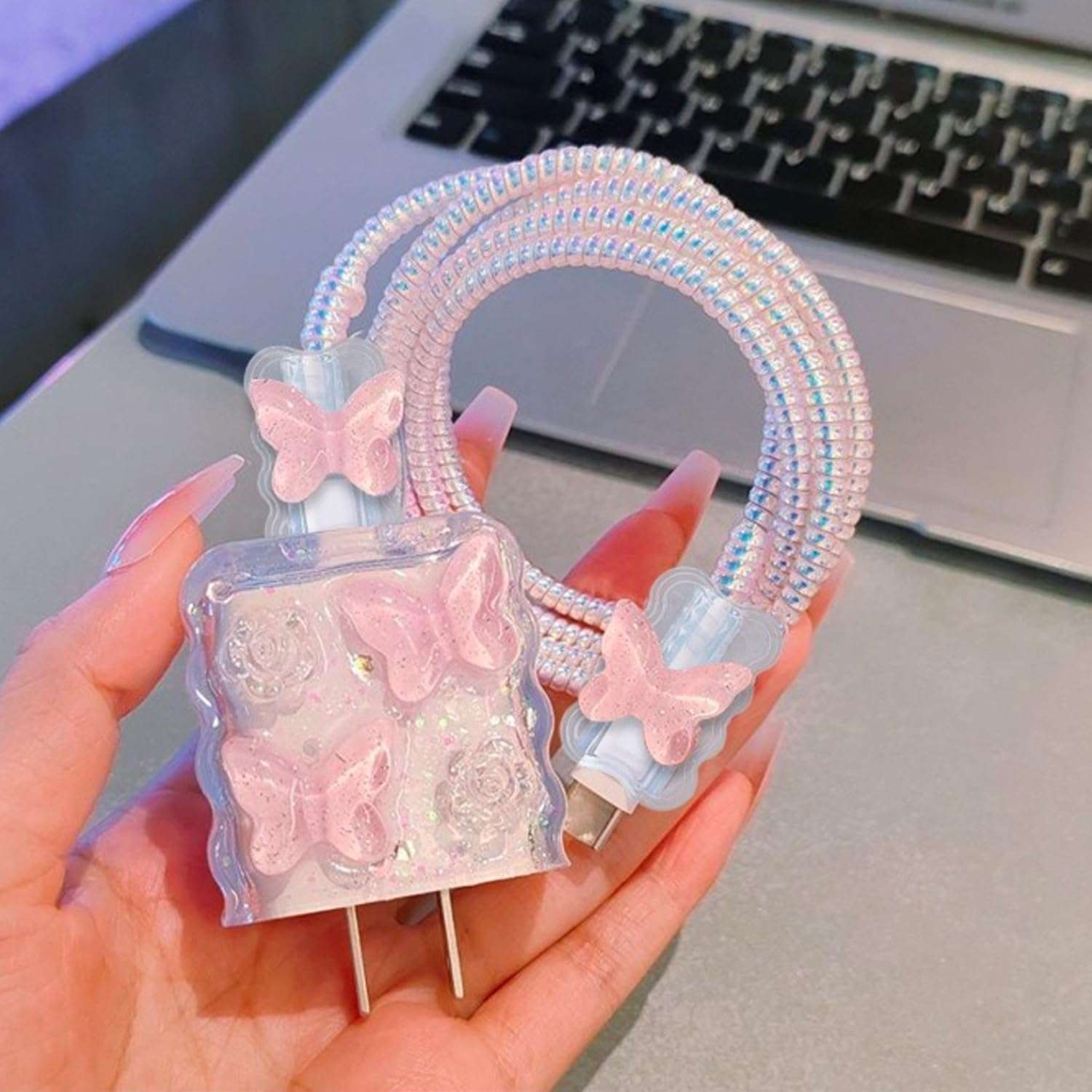 Seanai 5in1 18W/20W Charger Case Compatible with Apple 20W Power Adapters, Lovely Charger Cover & Cable Protector for iPhone Pro Max & MacBook Neo 13 Inch Charging Cables, Pink Crystal Butterfly 6