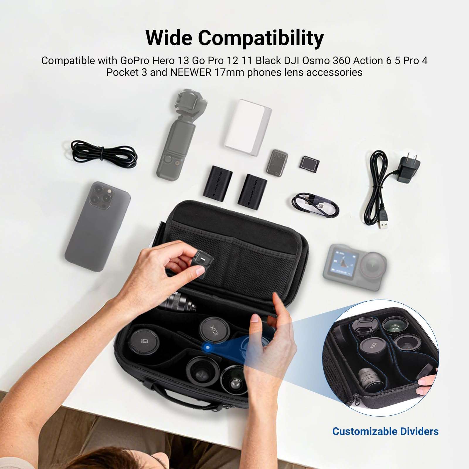NEEWER Carrying Case for Action Camera & Accessories, Splashproof Protective Storage Bag with DIY Dividers & Mesh Pockets Compatible with GoPro DJI Osmo 360 Action 5 Pro Pocket 3 Lens, PB27 5