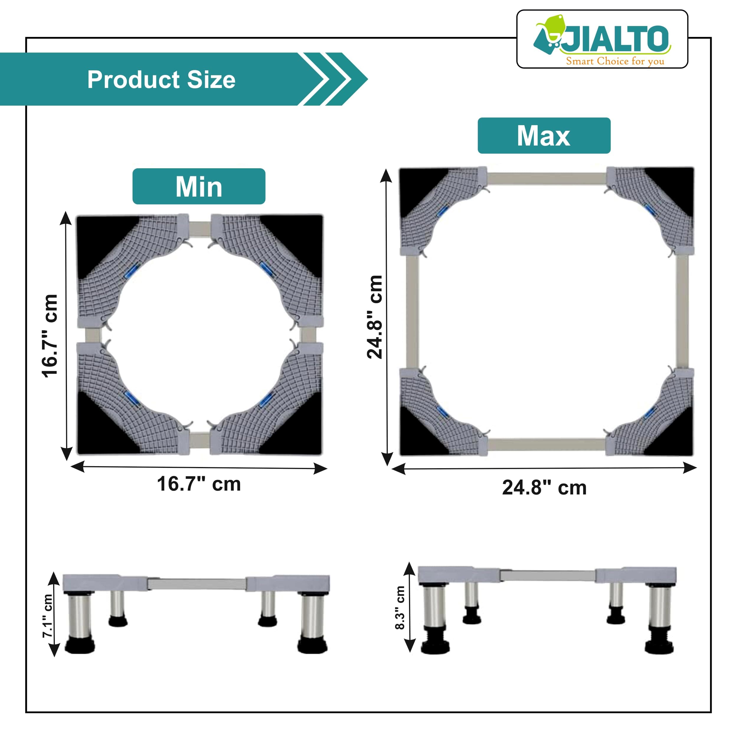 JIALTO Universal Adjustable Washing Machine Stand with 4 Heavy-Duty Legs- Movable Base for Refrigerator, Dishwasher & Appliances- Load Capacity 8–200 kg (WM - Single Pipe & 4 Legs Grey) 4