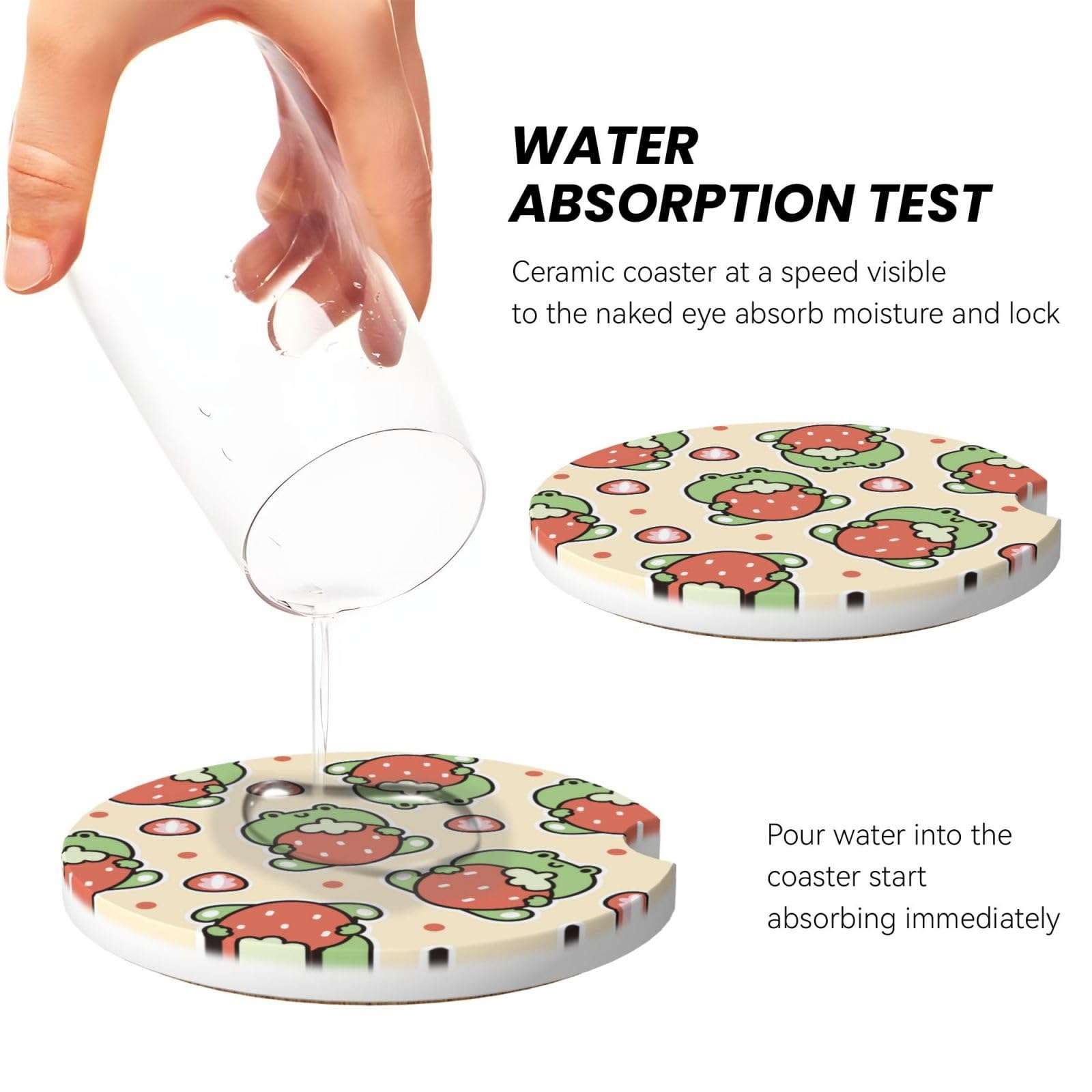 Xiso Ver Frog Hold Strawberry Car Cup Coasters 2 Pack Ceramic Cup Holders 2.56" Cork Base Drink Coasters with Finger Notch for Easy Move of Car Cup Holder 4