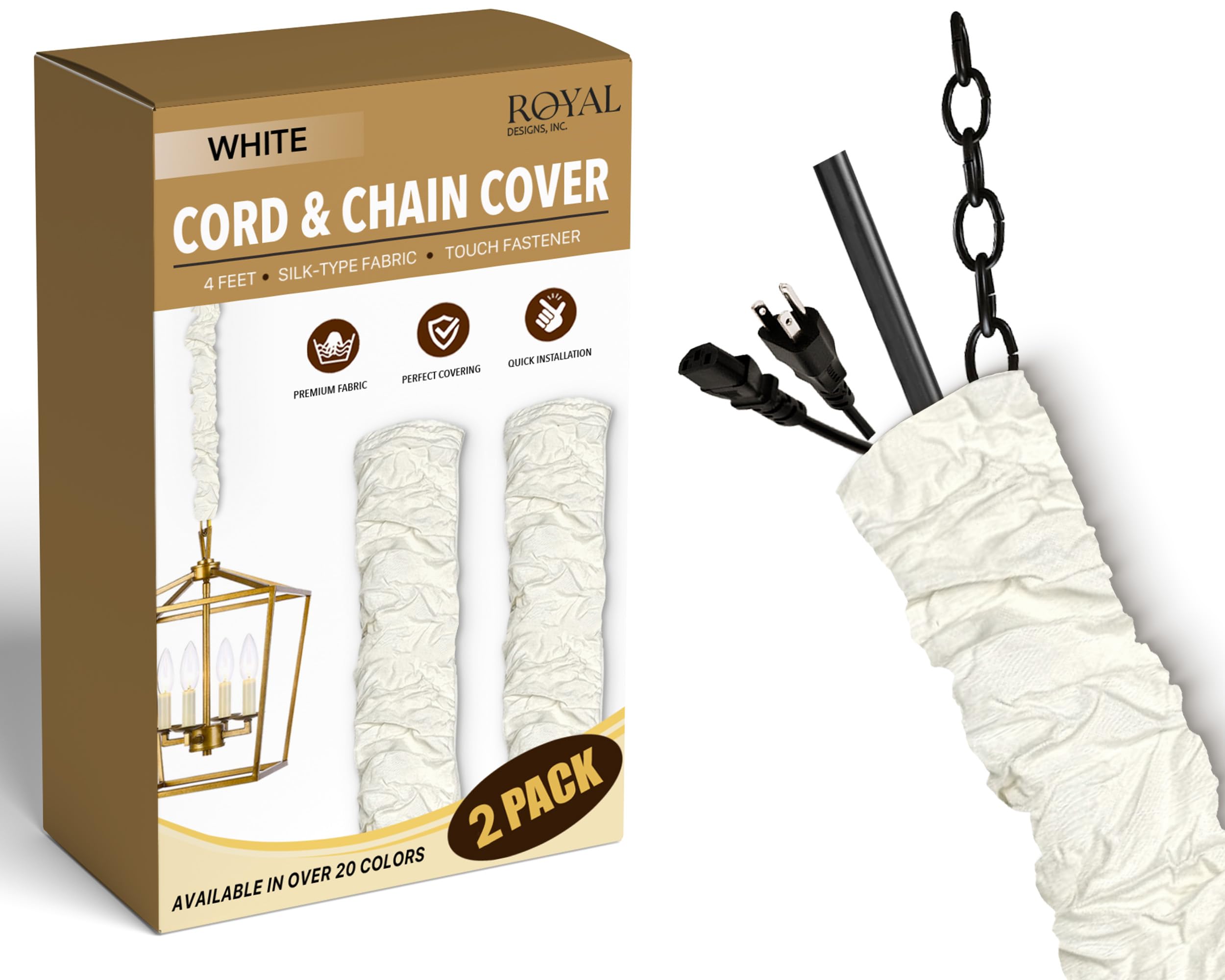 Royal Designs, Inc. Cord & Chain Cover 4 ft Silk Type Fabric, Chandelier Pendant Lighting Chain & Cable Management, Touch Fastener, White - 2 Pack